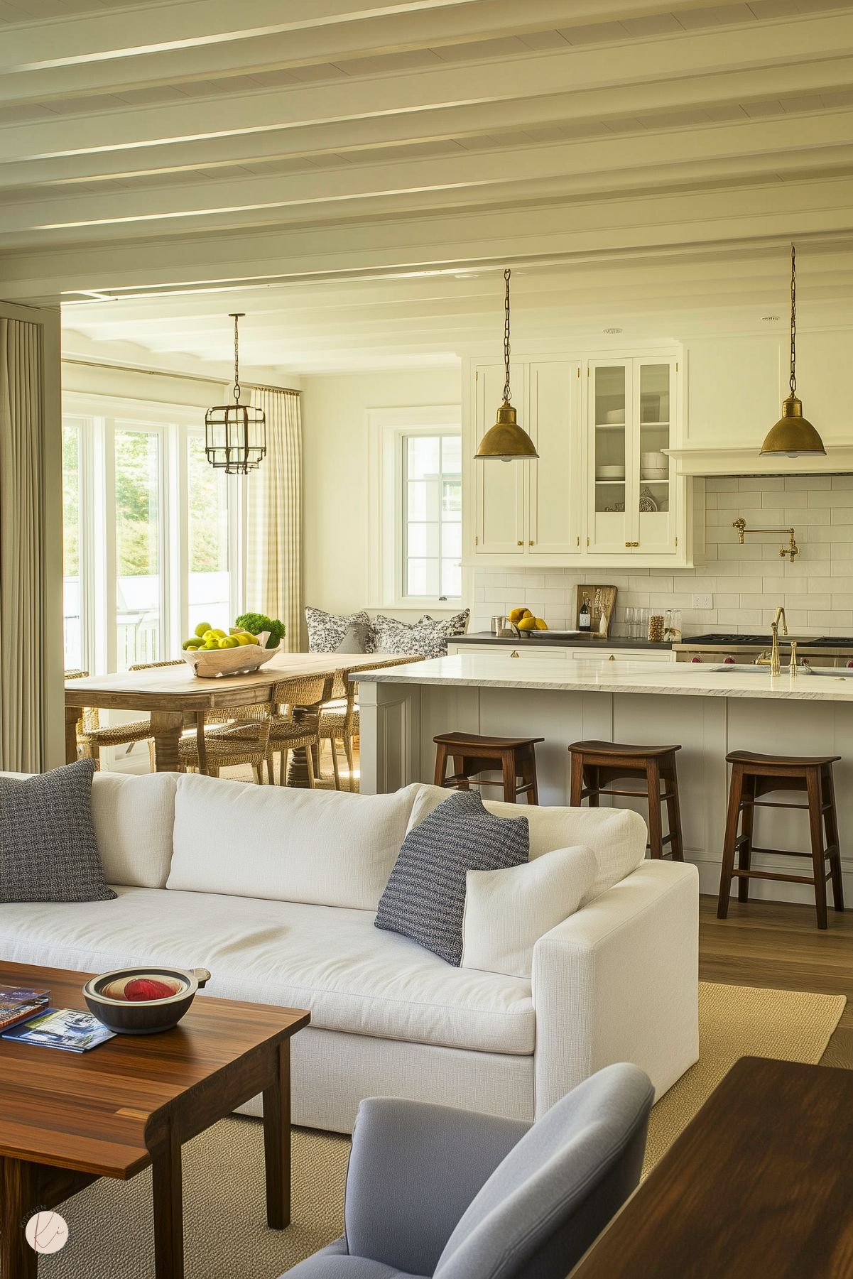 A charming open-concept kitchen and living space with a coastal-inspired design. The kitchen features white cabinetry, a subway tile backsplash, brass fixtures, and a large island with a marble countertop and wooden bar stools. The adjacent dining area includes a rustic wooden table with woven chairs and a bright window nook. The living room is anchored by a white sofa with blue accent pillows and a natural fiber rug, creating a cozy, inviting ambiance.