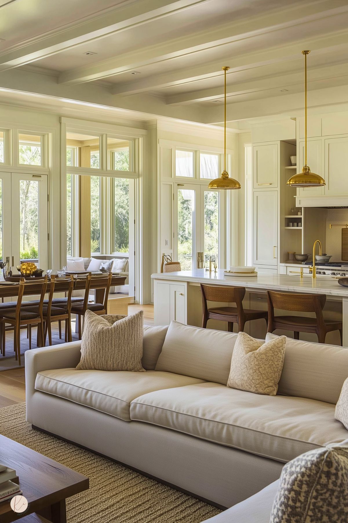 An airy, open-concept living, kitchen, and dining area with a neutral color palette. The kitchen features white cabinetry, a large island with a marble countertop, gold fixtures, and pendant lighting. Wooden bar stools and dining chairs add warmth, while expansive windows fill the space with natural light. A cozy white sofa with textured pillows anchors the living area, complemented by a woven rug for a relaxed, elegant atmosphere.