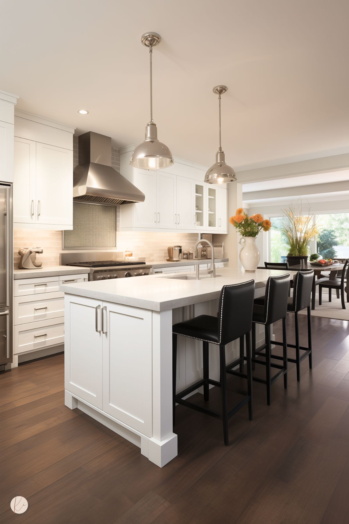 A contemporary kitchen with clean lines and a neutral palette featuring white shaker cabinets, a large island with a quartz countertop, and sleek stainless steel appliances, including a range hood. Two metallic pendant lights provide modern lighting, while black upholstered bar stools with stud detailing add contrast. A backsplash of subtle beige tiles and dark wood flooring create warmth and balance. The dining area in the background enhances the open-concept design.