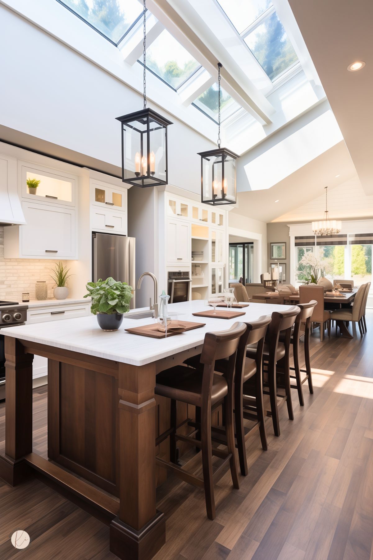 A bright, open kitchen and dining area featuring a large wooden island with a white countertop and seating for six. The kitchen is illuminated by skylights and two black lantern-style pendant lights, creating a welcoming atmosphere. White cabinetry with modern finishes lines the walls, and the space extends into a dining area with a chandelier and natural light streaming through large windows. Warm wood flooring ties the areas together seamlessly.