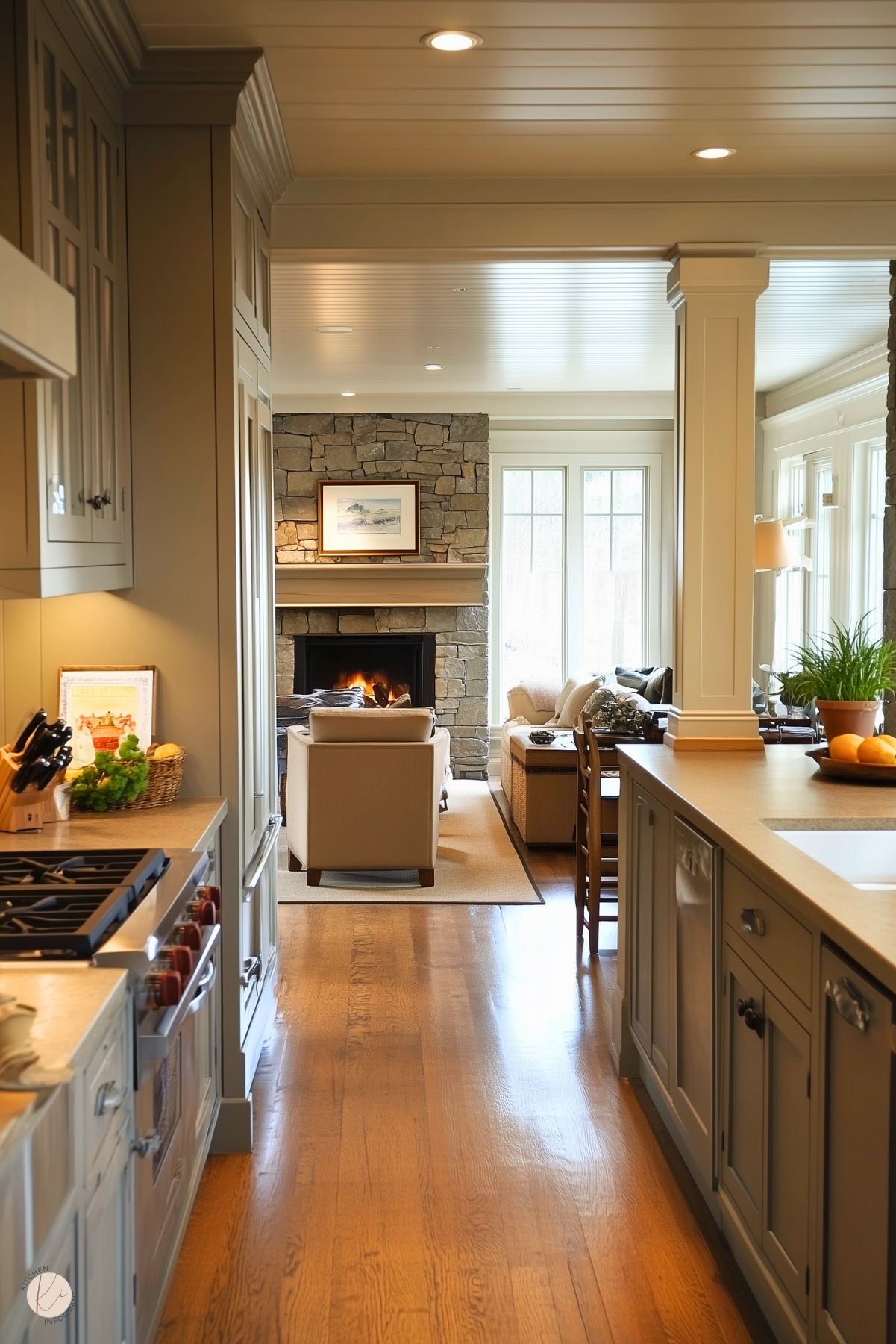 A warm and inviting kitchen leading into a cozy living space with a stone fireplace as the focal point. The kitchen features soft gray cabinetry, a gas range, and natural wood countertops. The living room includes neutral-toned furniture and large windows that let in natural light. Wood flooring throughout ties the spaces together, creating a seamless and comfortable flow.