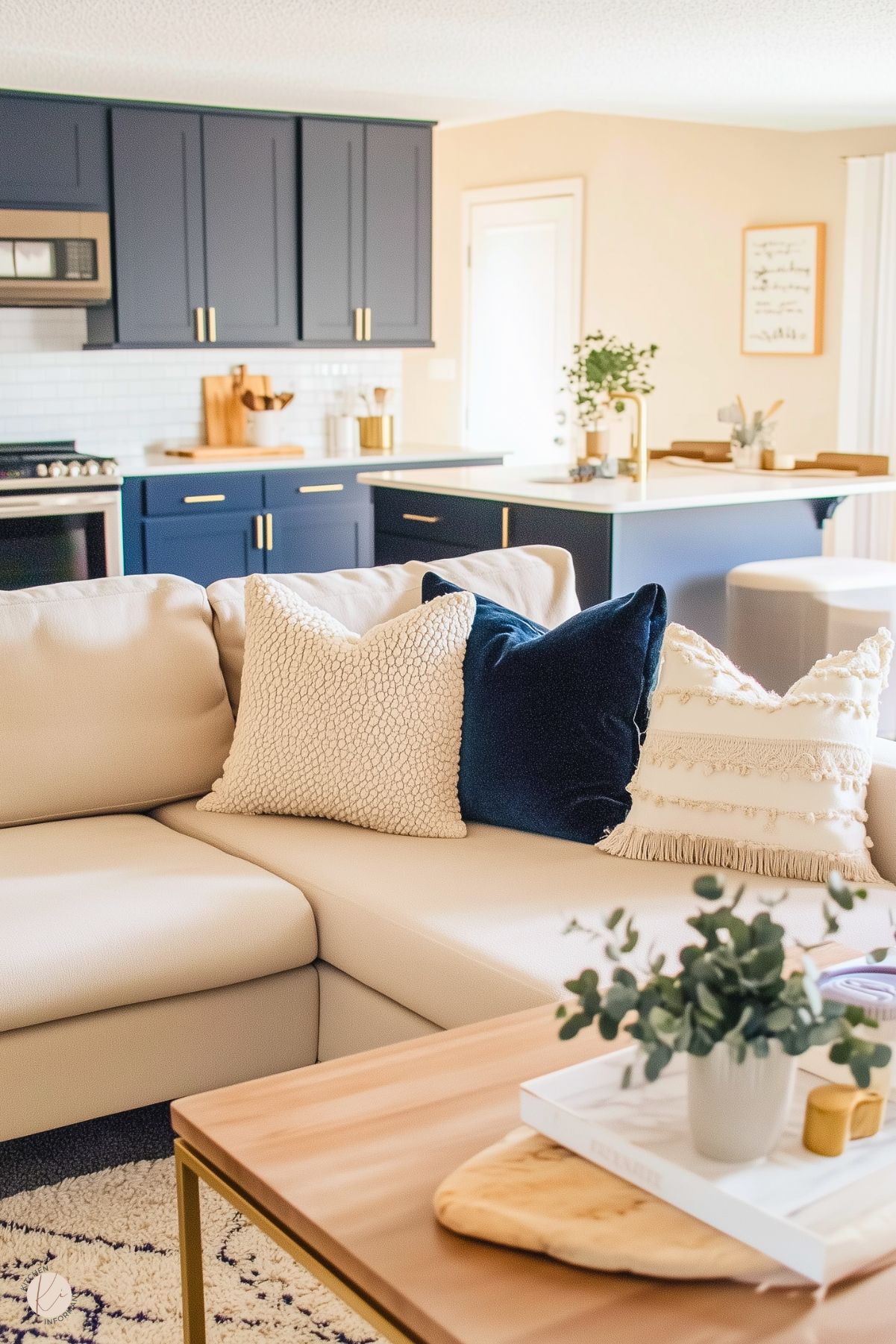 A cozy open-concept living and kitchen area with deep navy cabinetry and gold hardware, complemented by white countertops and a subway tile backsplash. The living space features a cream sectional sofa adorned with textured and velvet pillows in neutral and navy tones. A wooden coffee table with greenery and decor adds warmth, while soft natural light creates an inviting atmosphere.