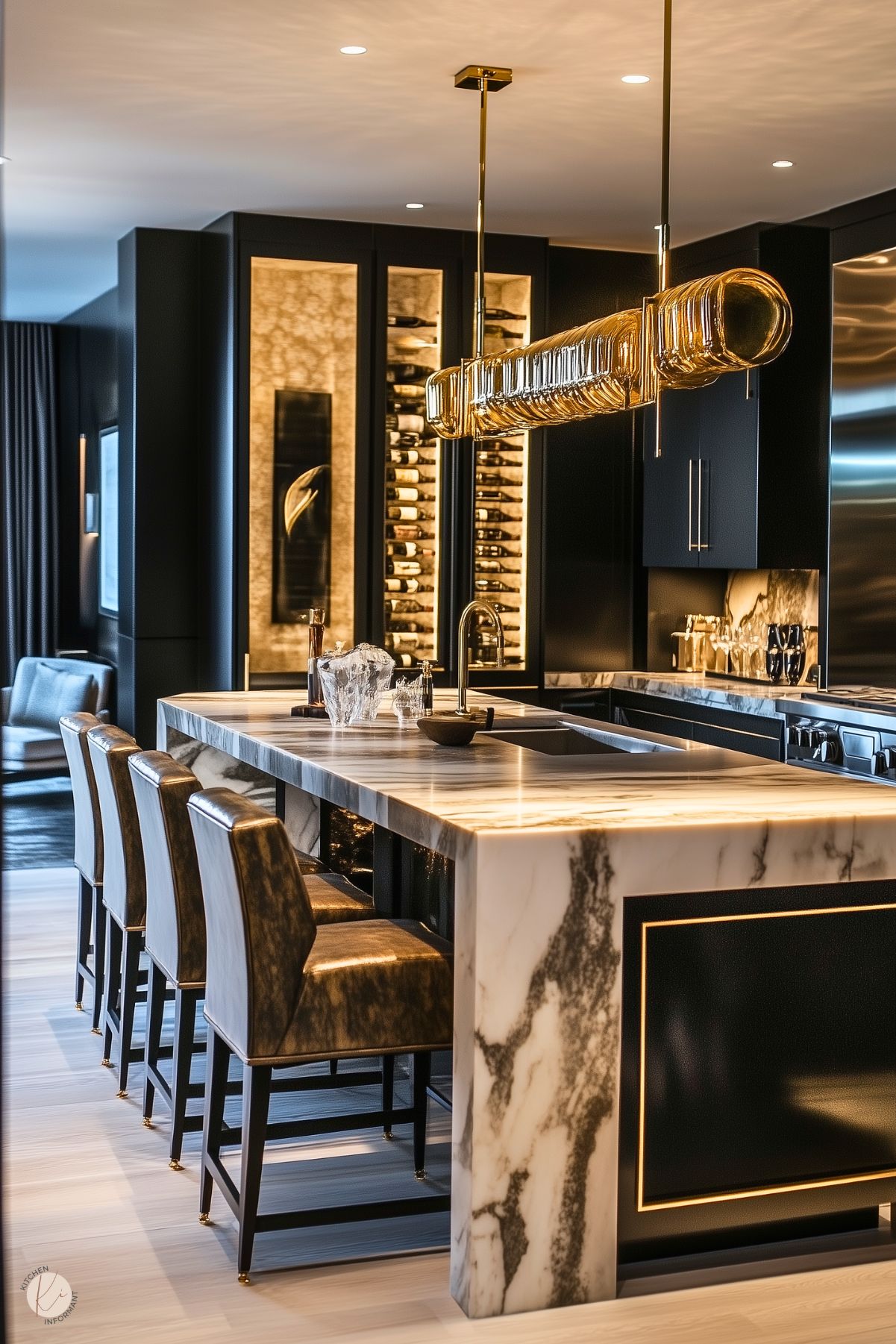 A luxurious kitchen featuring a bold black-and-white marble island with integrated LED lighting, paired with sleek black cabinetry and metallic accents. A striking gold pendant light adds opulence, while leather bar stools with gold-tipped legs provide sophisticated seating. The space includes a glass-enclosed wine display and subtle ambient lighting, creating a dramatic and upscale atmosphere.