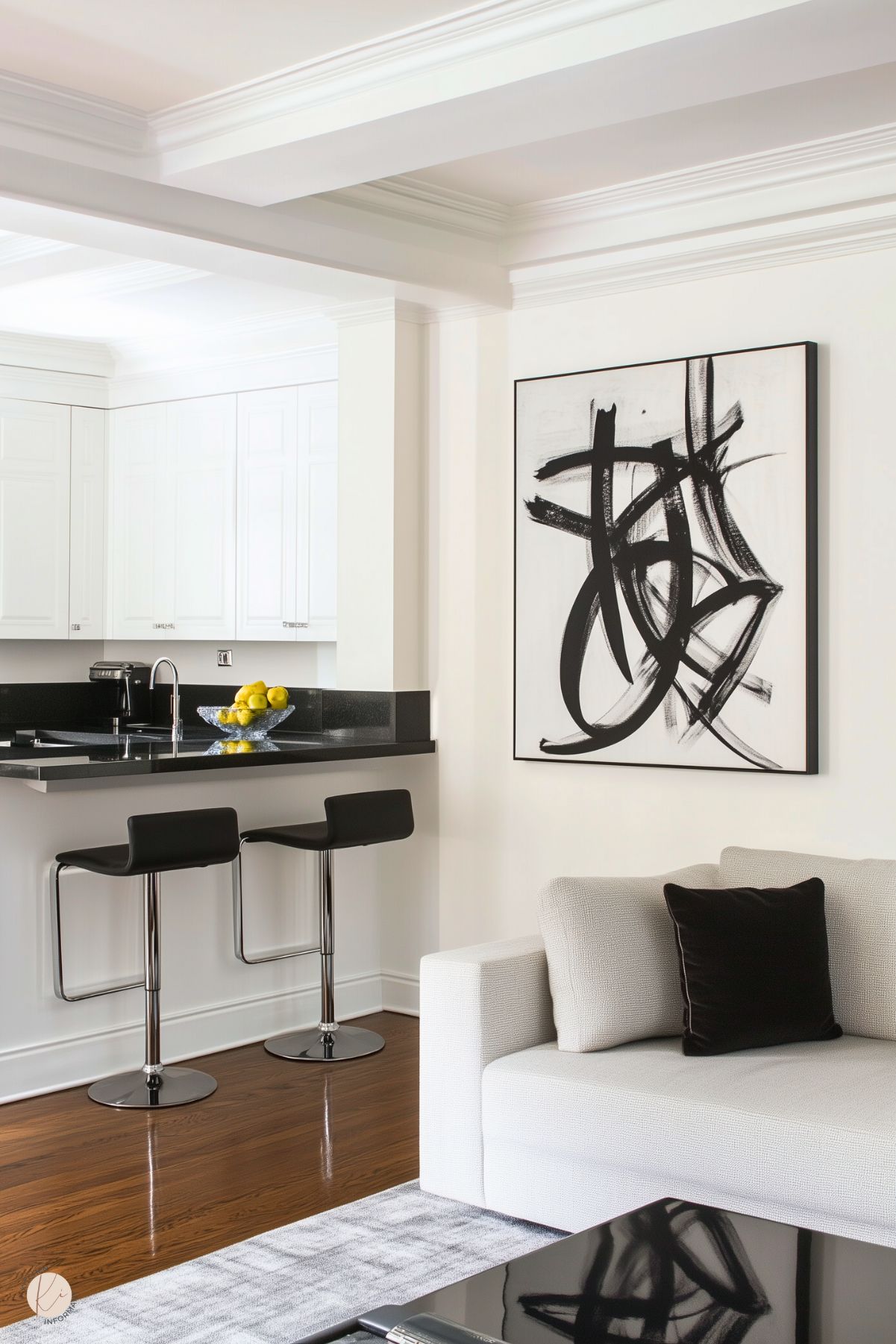 A sleek and minimalist kitchen and living area with a monochromatic palette. The kitchen features white cabinetry, a glossy black countertop, and a small breakfast bar with two modern black stools. The adjacent living space includes a neutral sofa with a black accent pillow, a glass coffee table, and bold abstract black-and-white artwork. Polished wood floors add warmth to the contemporary design.