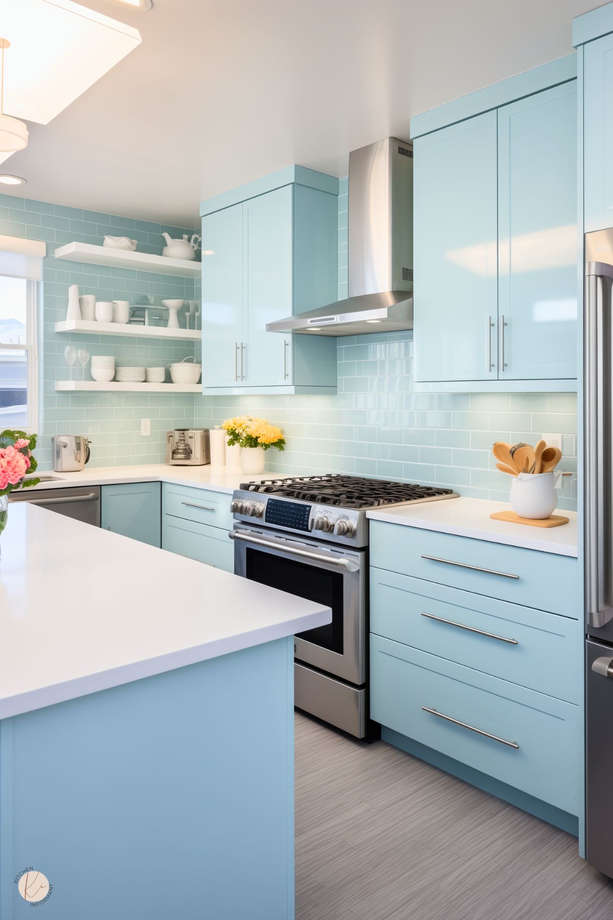 A bright and airy kitchen featuring light blue cabinets and a glossy subway tile backsplash in a matching shade. The sleek white countertops hold simple decor, including a vase of flowers and kitchen essentials. A stainless steel gas range is centered beneath a modern vent hood, and open shelving displays white dishware, adding a clean and organized touch. Soft natural light enhances the serene atmosphere.