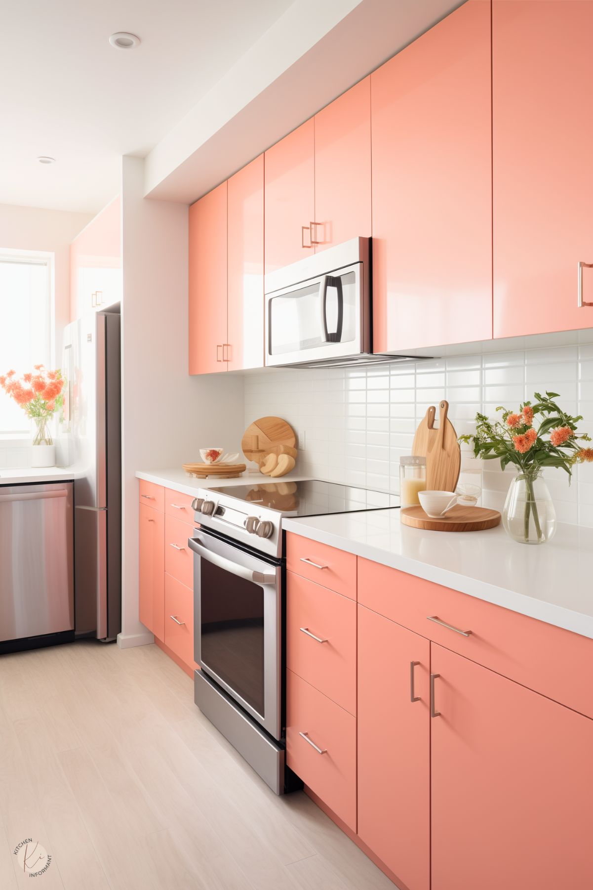 A sleek and modern kitchen with coral-pink cabinets and white countertops. The backsplash features glossy white subway tiles, and stainless steel appliances, including a built-in microwave and oven, add functionality. Wooden cutting boards and a vase of orange flowers provide natural and stylish accents. Bright natural light fills the space, creating a fresh and vibrant atmosphere.