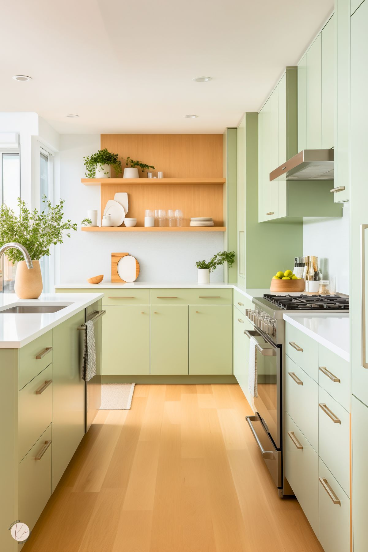 A modern kitchen with soft green cabinets and sleek brass hardware, complemented by white countertops and a built-in stainless steel stove. Open wooden shelves display minimalist dishware and greenery, adding natural warmth to the space. A large window bathes the room in natural light, while potted plants and a bowl of lemons provide vibrant accents. The light wood flooring enhances the airy and inviting atmosphere.