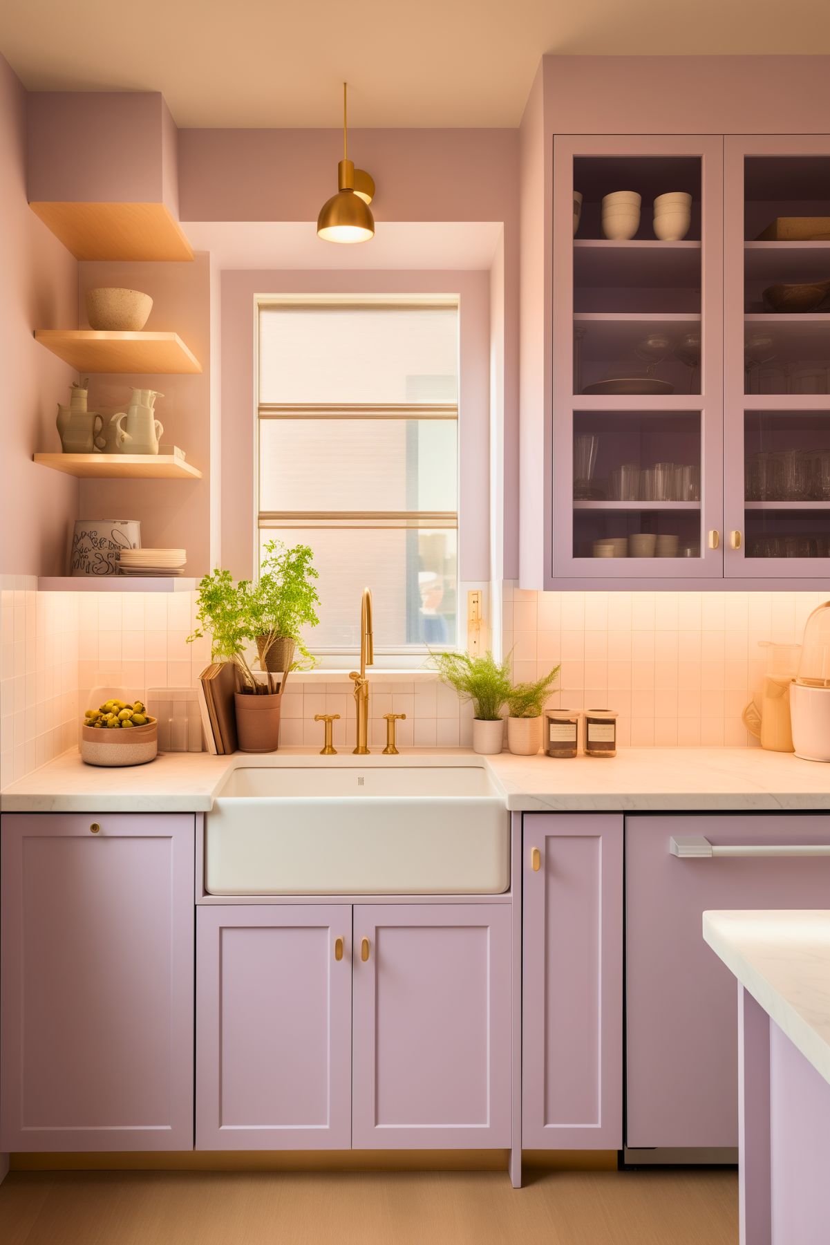 A charming pastel kitchen with lavender cabinetry, a farmhouse sink, and brass fixtures. The backsplash features small white tiles, softly illuminated by under-cabinet lighting. Open wooden shelves on one side display ceramics, while glass-front cabinets on the other offer storage. A potted herb adds greenery by the window, and a single brass pendant light enhances the warm, inviting atmosphere.