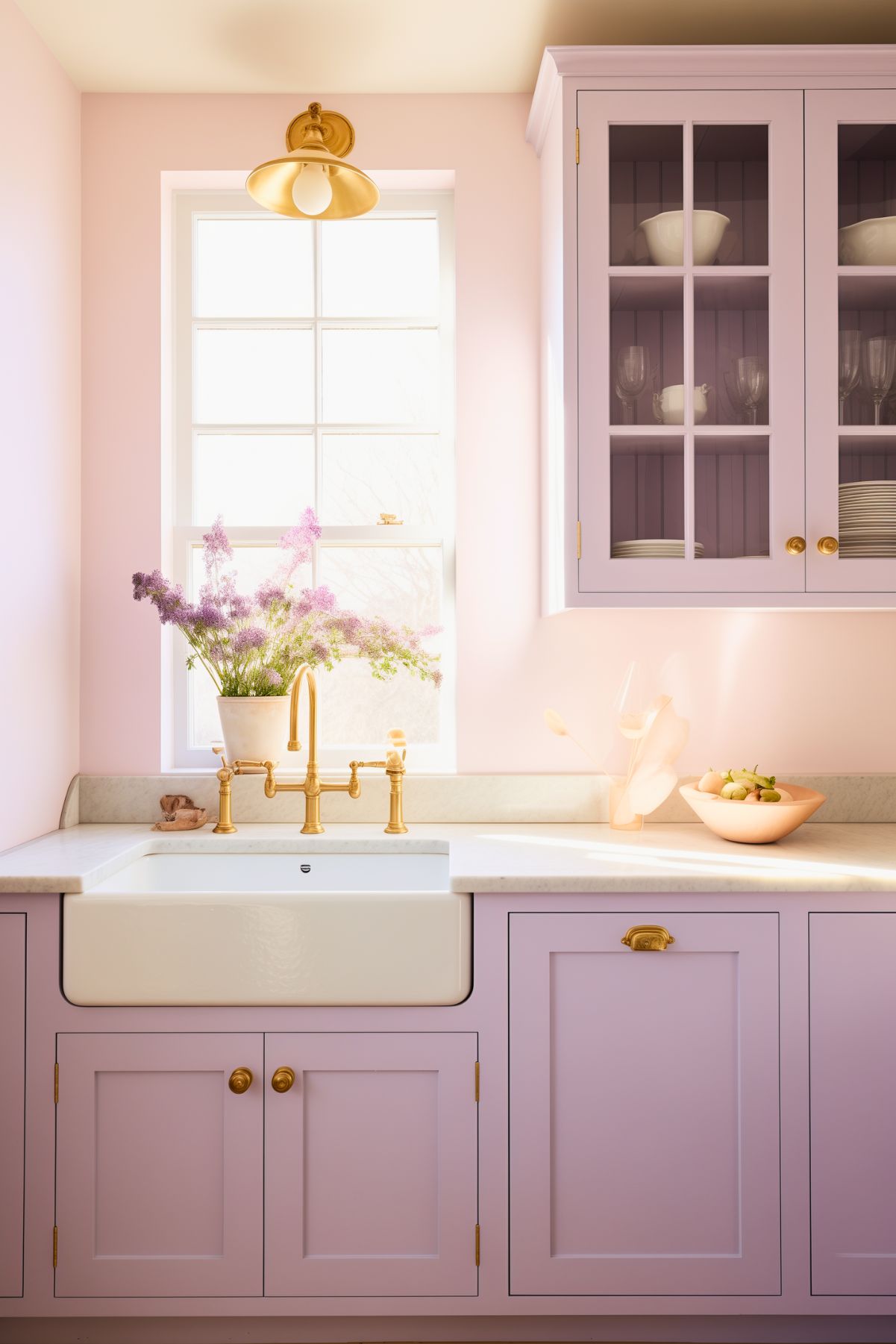 A delicate kitchen corner with soft lavender cabinets and brass hardware, complemented by a farmhouse sink with a vintage-style brass faucet. A white marble countertop reflects natural light streaming through a window adorned with a potted bouquet of lavender flowers. A glass-front upper cabinet displays elegant dishware, and a pastel peach bowl with fruit adds a warm accent to the serene, pastel palette.