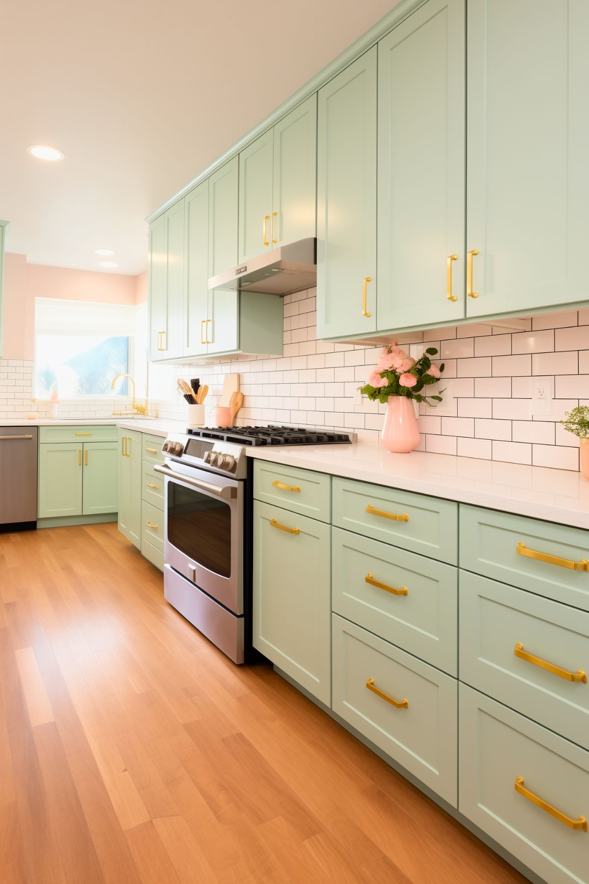 A lively kitchen with pastel green cabinets accented by gold hardware, paired with white countertops and a classic white subway tile backsplash. The stainless steel oven and hood add a modern touch, while wooden floors create warmth. A pink vase with fresh flowers decorates the counter, complementing the cheerful palette. Natural light streams in, making the space feel bright and inviting.