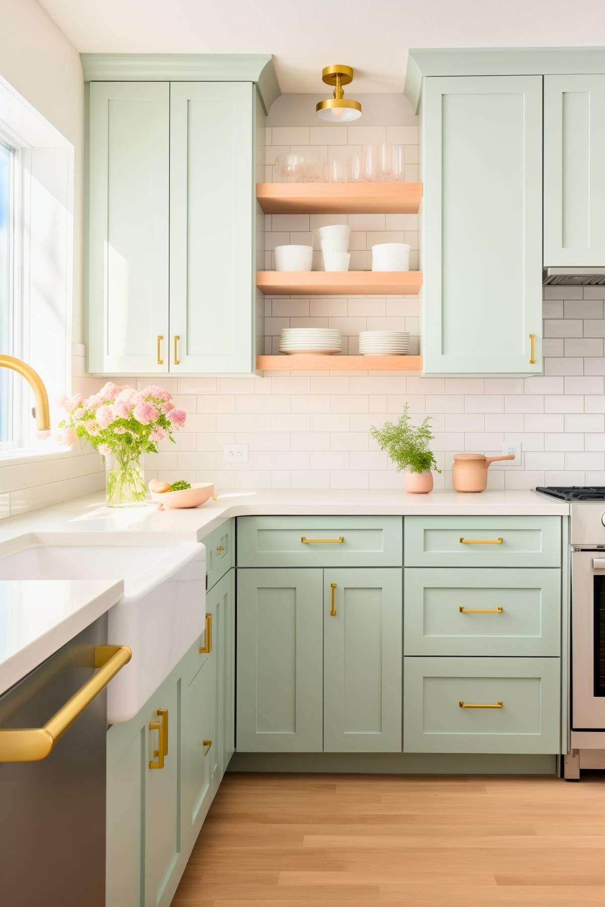 A charming kitchen with mint green cabinets accented by brass hardware and open wooden shelves displaying white dishware. The backsplash features classic white subway tiles, while a farmhouse sink and gold faucet add a touch of elegance. Bright natural light illuminates the space, highlighting soft pink flowers in a vase and fresh greenery on the countertop. The design is both fresh and inviting.