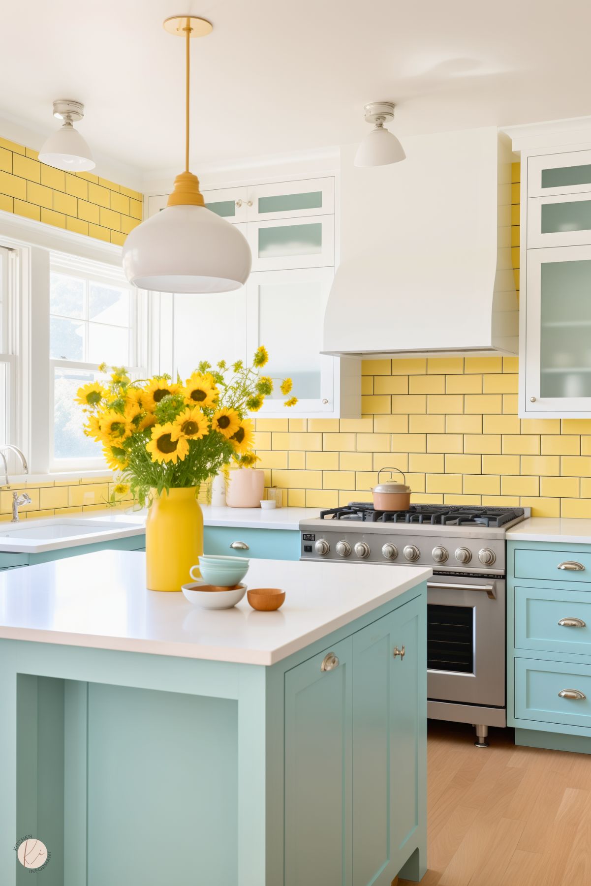 A bright kitchen featuring pastel aqua cabinets and a yellow subway tile backsplash. The white countertops hold a yellow vase with sunflowers, and a modern gas range is centered under a sleek white hood. Natural light streams in through large windows, enhancing the cheerful atmosphere, while light fixtures complement the airy design.