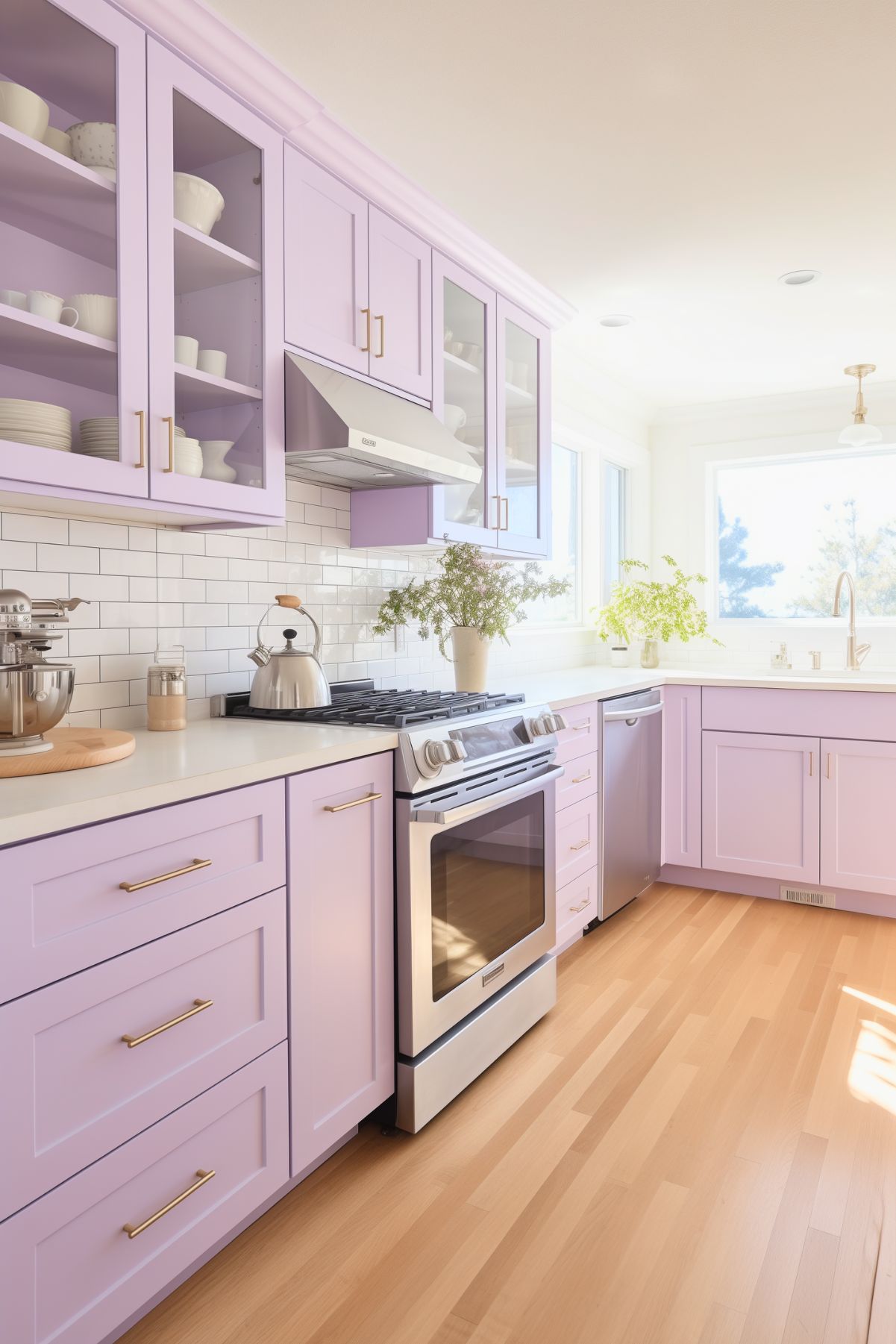 A bright and airy kitchen with soft lavender cabinets and gold hardware, paired with a white subway tile backsplash and light wood flooring. Glass-front upper cabinets display white dishware, while the countertops feature a mix of greenery, a kettle, and a stand mixer for a homey touch. Stainless steel appliances complete the modern look, and large windows fill the space with natural light, creating a serene and cheerful atmosphere.