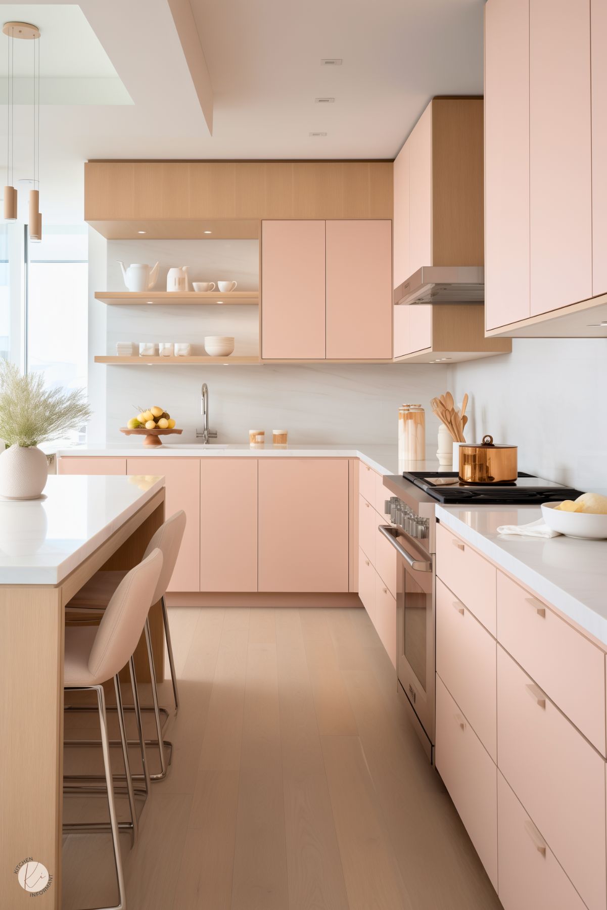 A minimalist kitchen featuring soft blush pink cabinets and white countertops. Light wood accents, including open shelving and a matching island, create a warm and cohesive design. The space is adorned with simple decor, such as a bowl of lemons and neutral ceramics, complemented by a sleek stainless steel oven and hood. Ample natural light and a soft color palette enhance the airy and tranquil atmosphere.