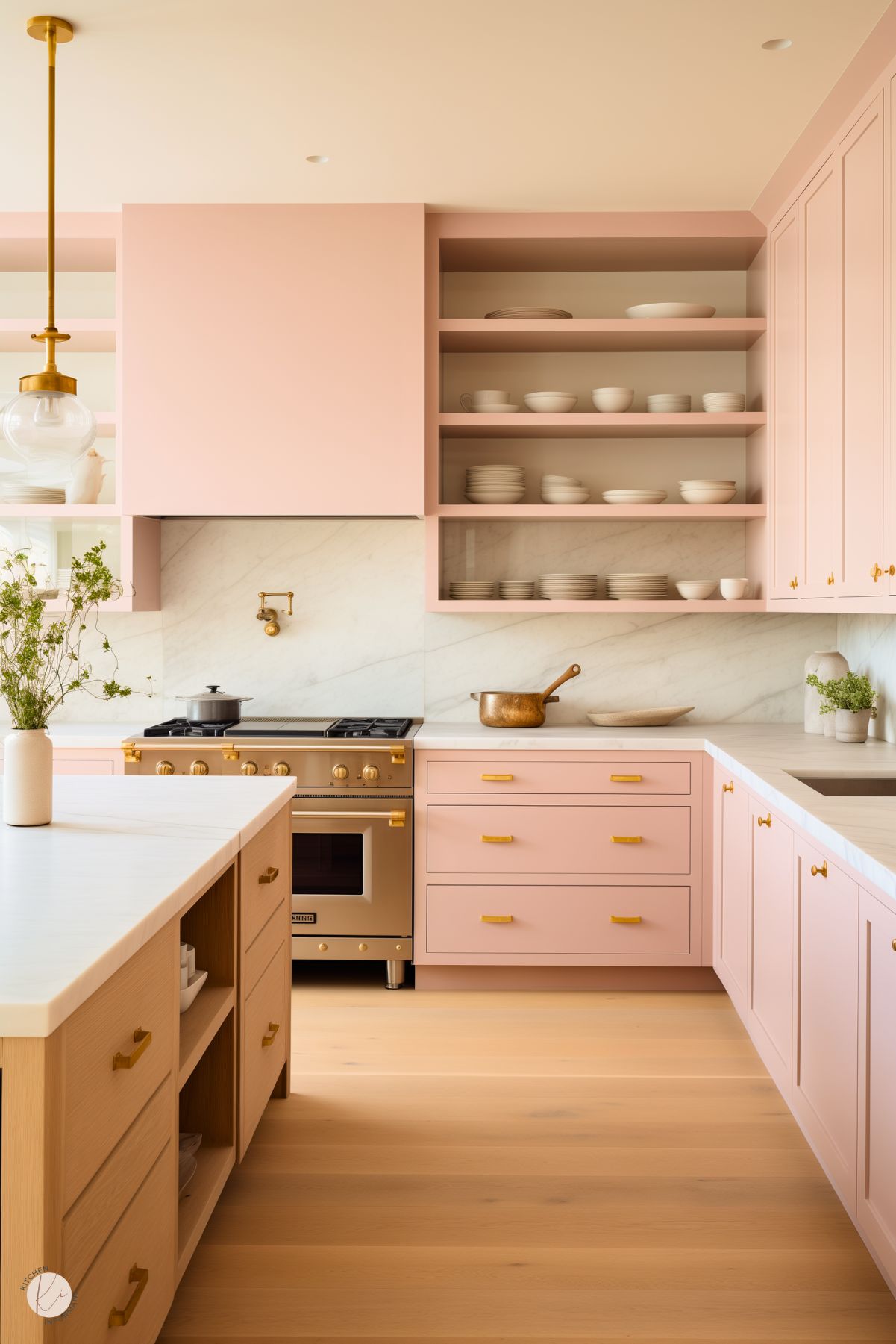 A soft and elegant kitchen with blush pink cabinets and gold hardware, complemented by a marble backsplash and countertops. Open shelves display neutral dishware, adding a minimalist touch. A luxurious gold range anchors the space, while a light wood island with open shelving provides functionality and warmth. A pendant light and greenery add subtle charm, creating a sophisticated yet welcoming atmosphere.