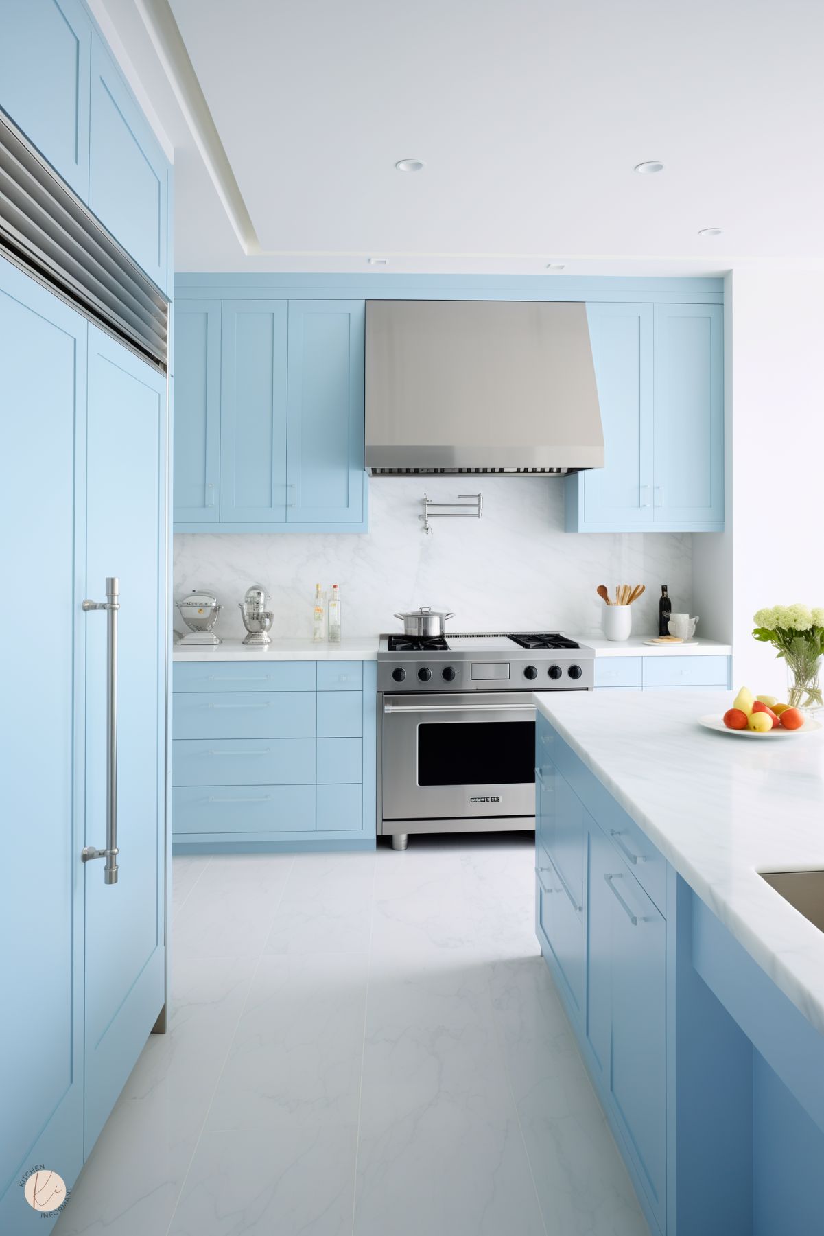 A sleek and modern kitchen with powder blue cabinets and white marble countertops and backsplash. A stainless steel oven and vent hood serve as the focal point, complemented by integrated appliances and minimalist hardware. The bright and airy space features a fruit bowl and fresh flowers on the island, adding subtle pops of color to the clean, refined design. Natural light enhances the crisp and tranquil atmosphere.