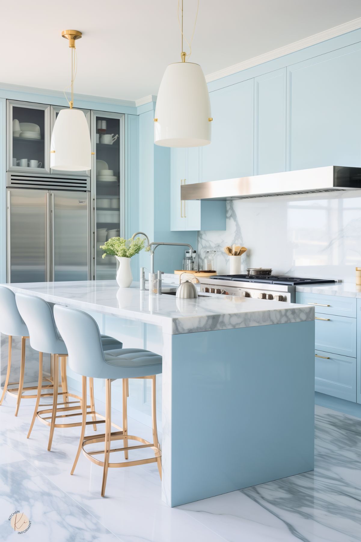 A pastel blue kitchen with sleek cabinetry, a marble countertop island, and matching backsplash. The island features light blue barstools with gold legs. Overhead, white pendant lights with gold accents hang above the island. Stainless steel appliances and glass cabinet doors add a modern touch. The floor is finished with glossy marble tiles, reflecting the soft, airy ambiance.