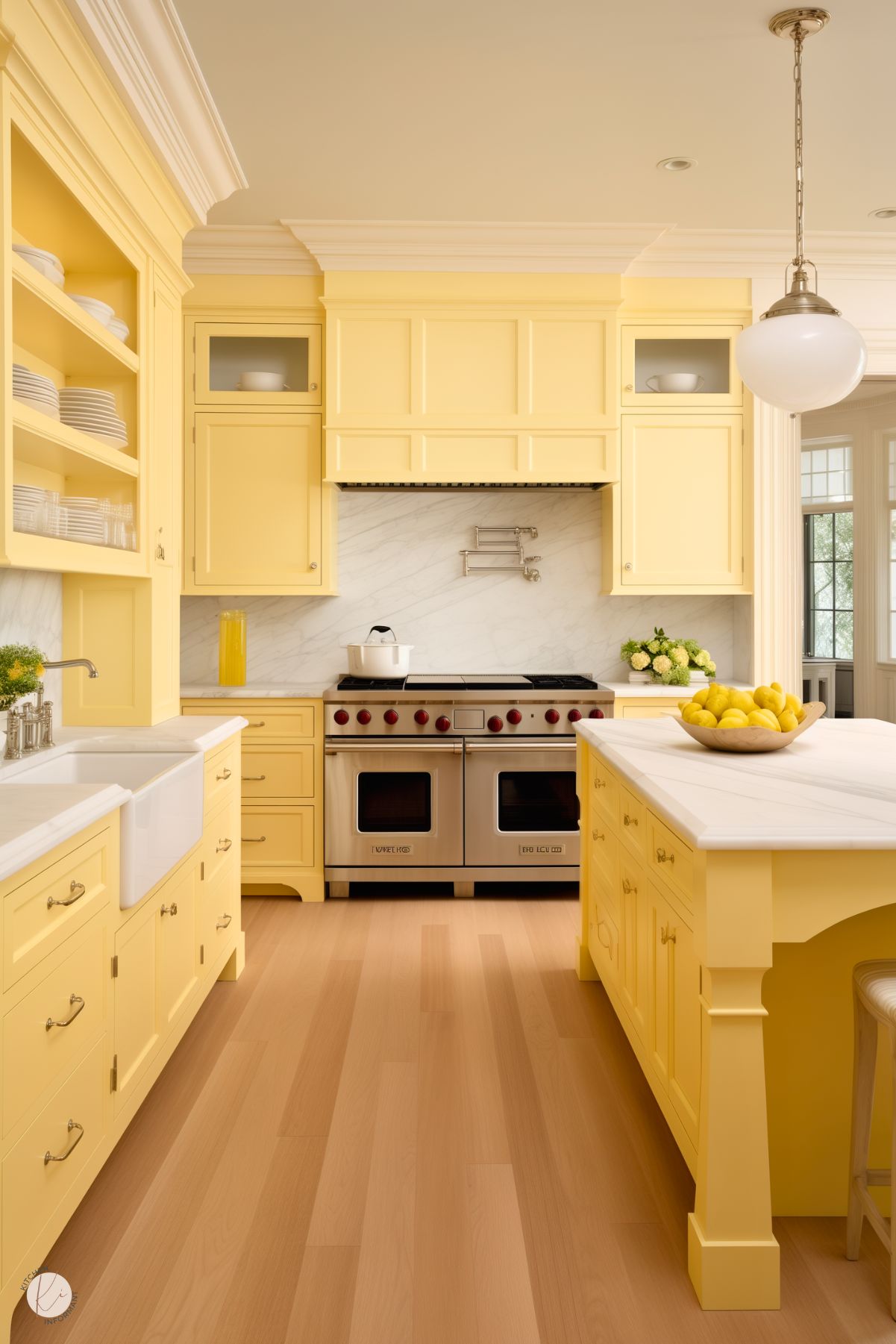 A bright and cheerful kitchen featuring sunny yellow cabinetry with intricate molding details and polished silver hardware. The space includes a double stainless steel range with red knobs beneath a white marble backsplash. A farmhouse sink and large island with a white countertop add both function and style, while a bowl of lemons provides a vibrant accent. Natural light enhances the warm and inviting atmosphere.