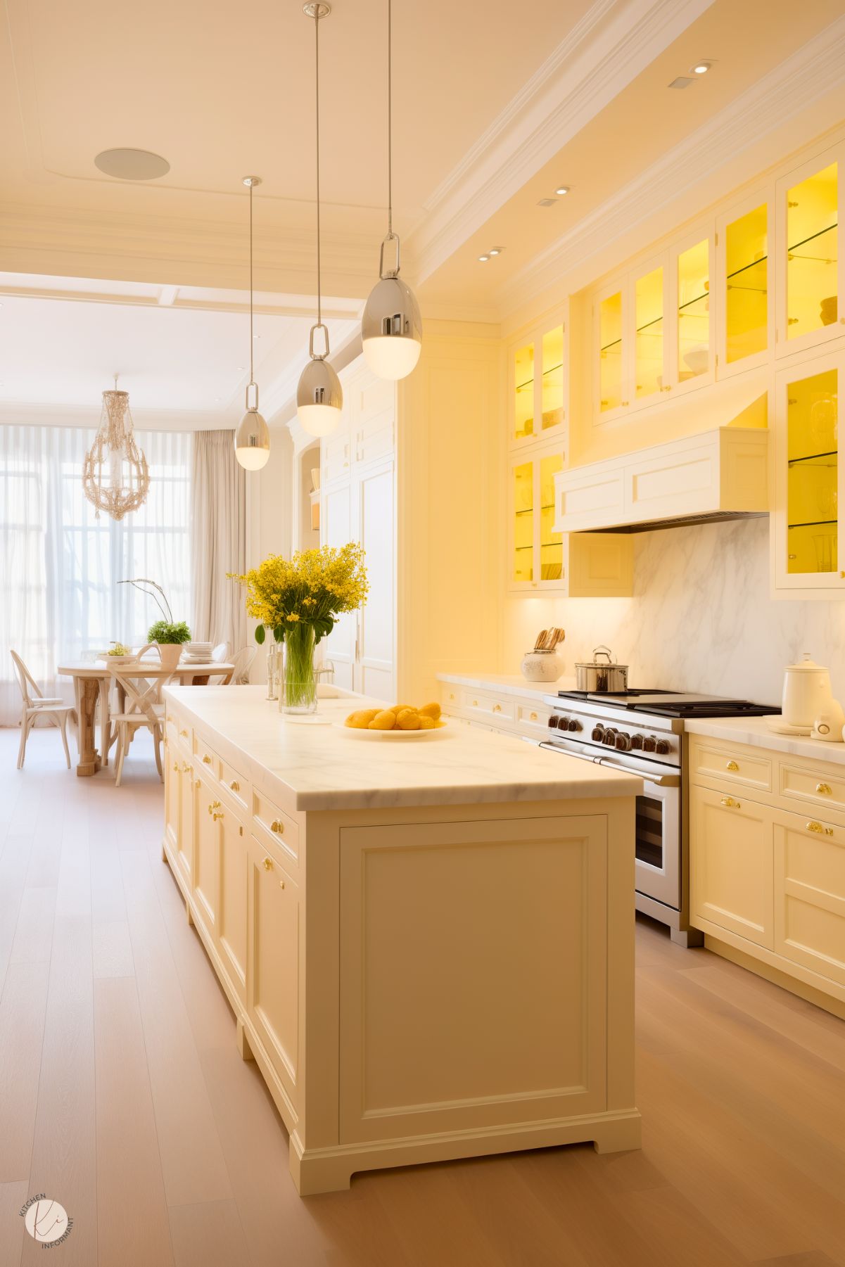 A luxurious kitchen with soft cream cabinetry, marble countertops, and a large island featuring intricate paneling. Glass-front cabinets with warm interior lighting add an elegant touch. Stainless steel appliances and modern pendant lights provide a contemporary balance. A vase of bright yellow flowers and a plate of lemons bring a fresh pop of color. The open dining area in the background adds to the spacious and sophisticated atmosphere.