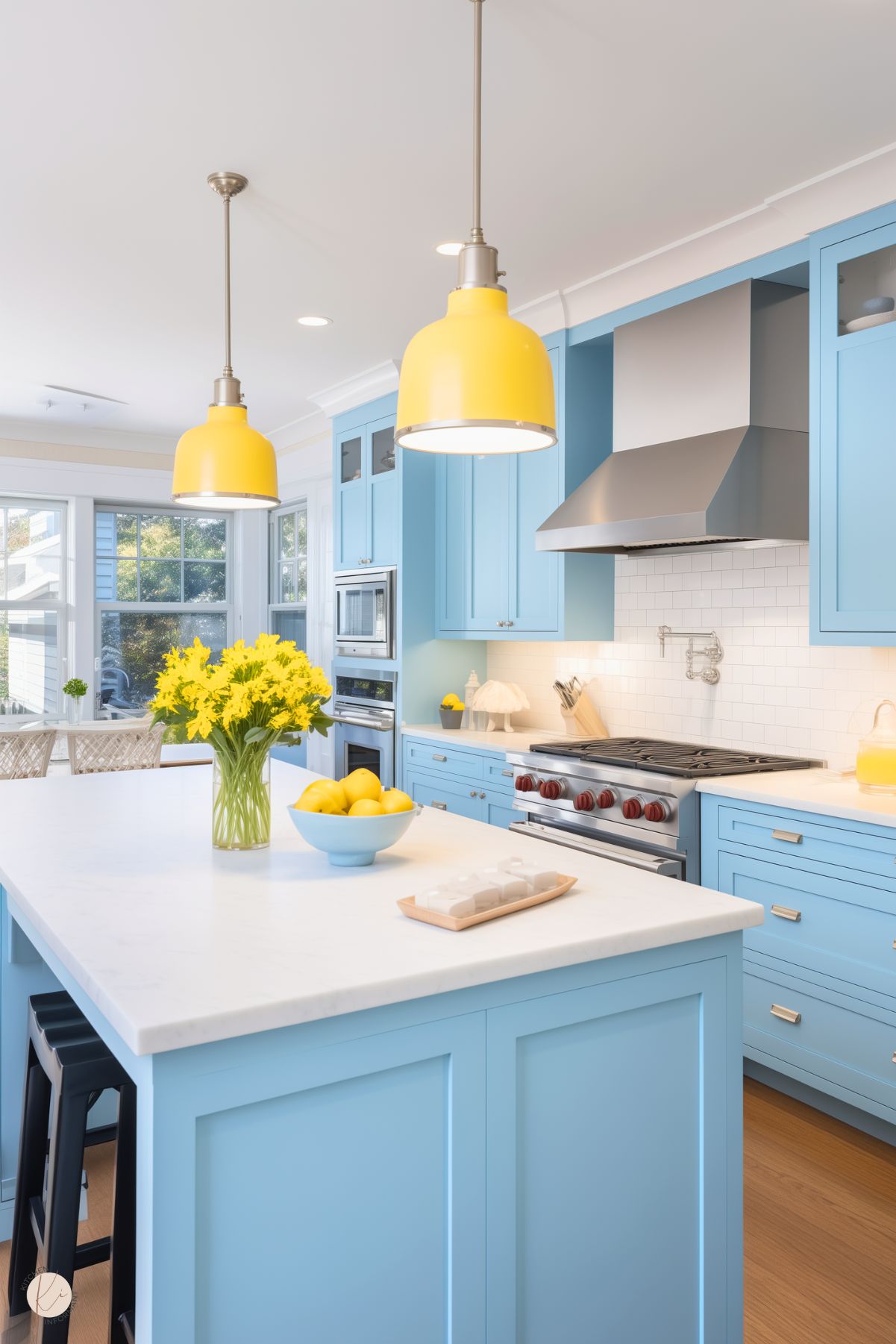 A vibrant kitchen with pastel blue cabinetry and a white countertop island. Yellow pendant lights add a cheerful contrast, complementing the vase of yellow flowers and a bowl of lemons on the island. The backsplash features white subway tiles, and stainless steel appliances, including a range hood and oven, provide a modern touch. Large windows in the background bring in natural light, enhancing the bright and welcoming atmosphere.