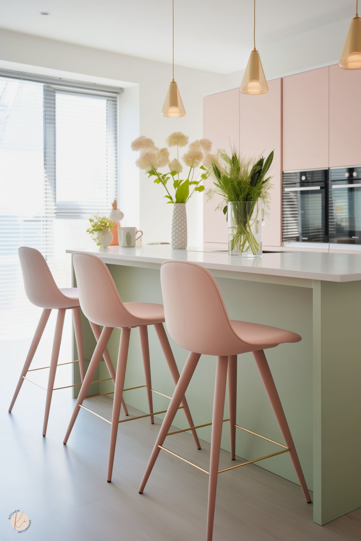 A pastel-themed kitchen featuring a soft green island with a white countertop, paired with light pink barstools that have gold footrests. The backdrop includes blush pink cabinetry and a set of black built-in ovens. Above the island, gold pendant lights add a warm glow. The space is brightened by large windows with blinds, while vases with greenery and fluffy white flowers provide a fresh, airy touch.