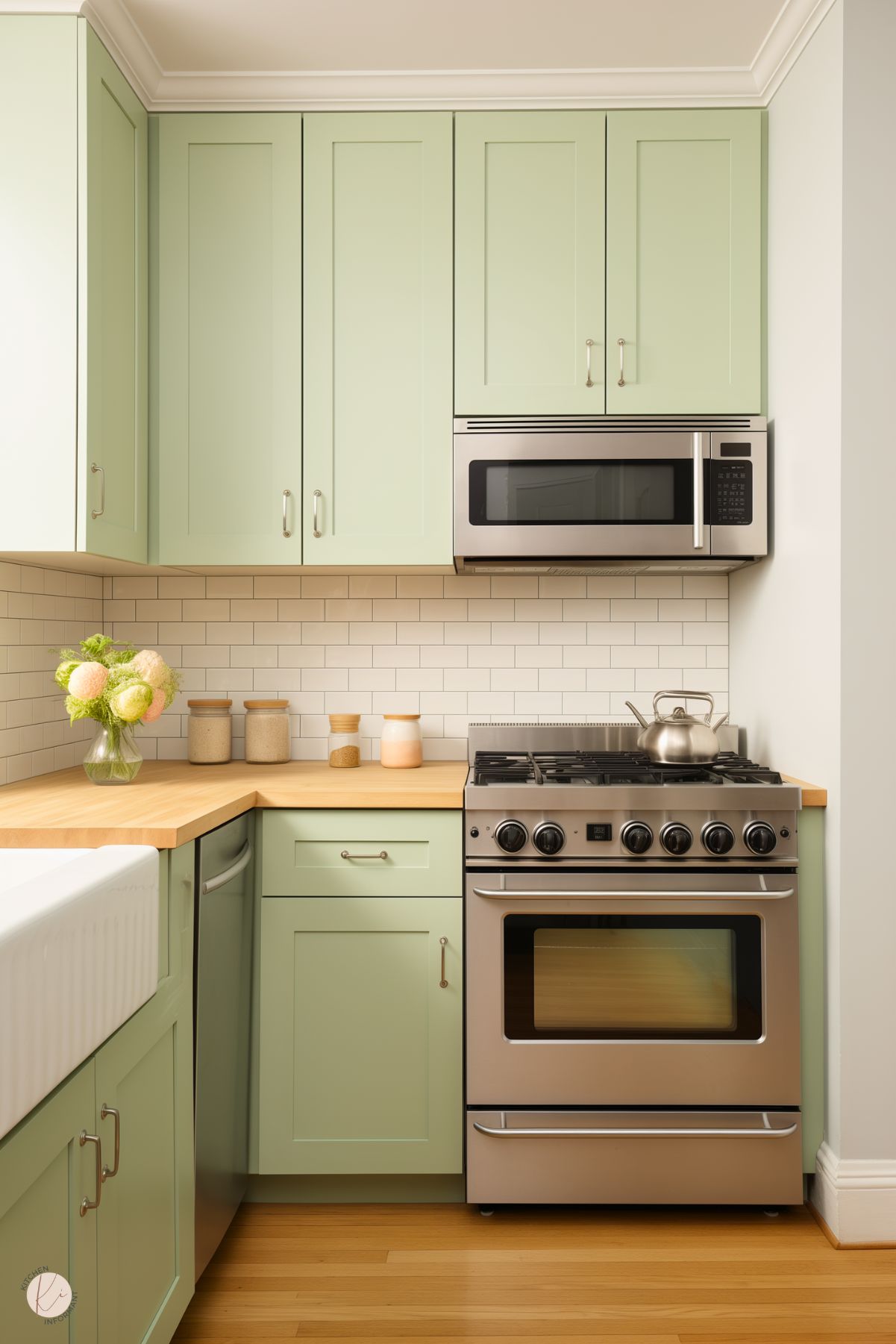 A cozy kitchen with light green shaker-style cabinets and a butcher block countertop. The backsplash features classic white subway tiles, adding a clean and timeless look. Stainless steel appliances, including a microwave and a gas stove, bring a modern touch. A farmhouse sink sits below the counter, and a vase of soft pastel flowers adds a welcoming element to the corner. Warm hardwood flooring completes the space.