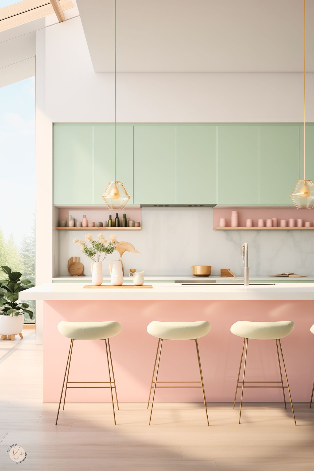 A pastel kitchen with a mint green and blush pink color palette. The island, painted in soft pink, is topped with a white countertop and paired with light green barstools featuring gold legs. Minimalist mint green cabinets and open shelves with pastel dishware provide a modern, airy feel. Geometric gold pendant lights hang above, while a large skylight bathes the space in natural light, complemented by a view of greenery outside.