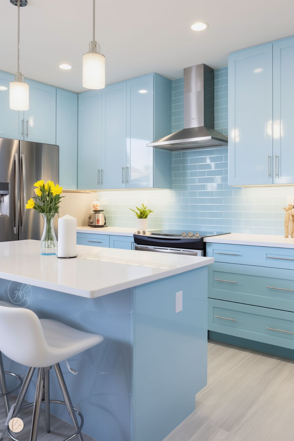 A contemporary kitchen with glossy light blue cabinets and a matching subway tile backsplash. The space features a stainless steel refrigerator, a modern vent hood, and a sleek island with a white countertop and a built-in seating area with a white barstool. Bright pendant lights and natural light enhance the airy atmosphere, while a vase of yellow flowers adds a cheerful accent to the clean, polished design.