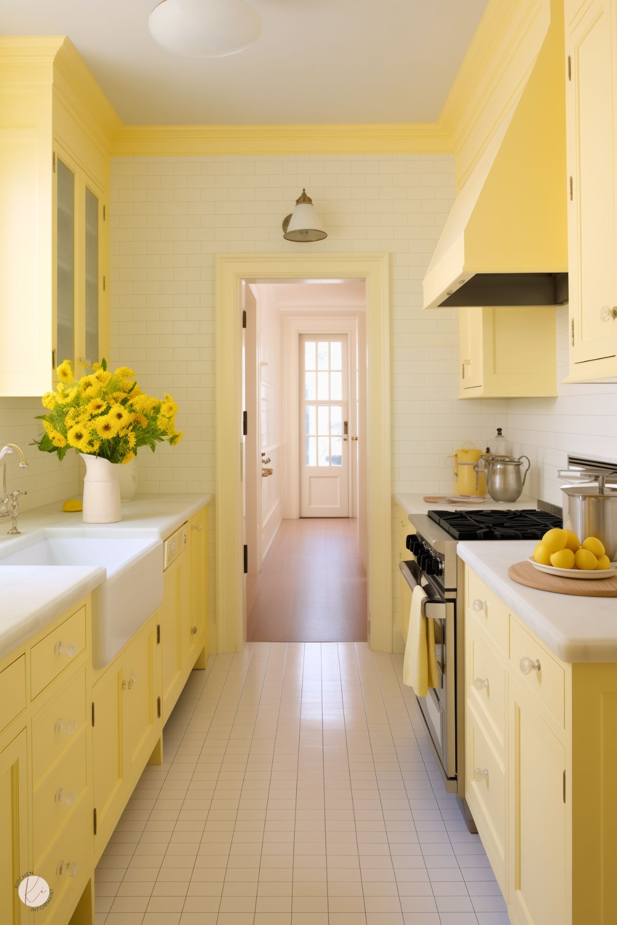 A charming galley kitchen with sunny yellow cabinets, white countertops, and a farmhouse sink. The backsplash features classic white subway tiles, complemented by a tiled floor in a matching palette. A vase of fresh yellow flowers and a bowl of lemons brighten the space further, while stainless steel appliances add functionality. Natural light pours in through a hallway, enhancing the warm and inviting atmosphere.