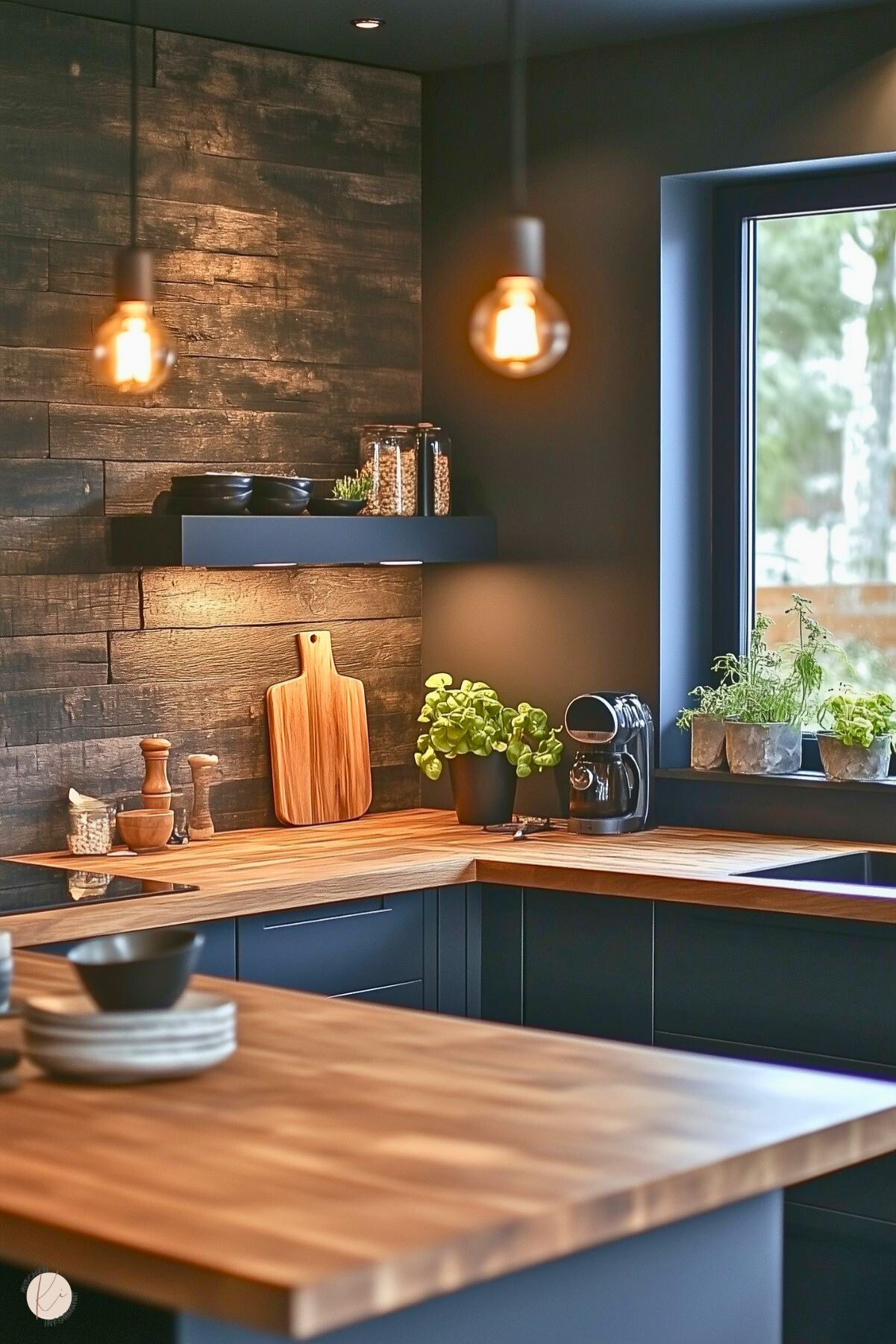 A modern kitchen with dark cabinetry and sleek black countertops, complemented by warm wood accents and a butcher block surface. A textured wood-paneled wall adds depth, featuring a floating black shelf displaying bowls and jars. Potted herbs and a cutting board enhance the natural aesthetic. Pendant lights with exposed bulbs cast a cozy glow, while a large window provides natural light, creating a balanced and inviting atmosphere.