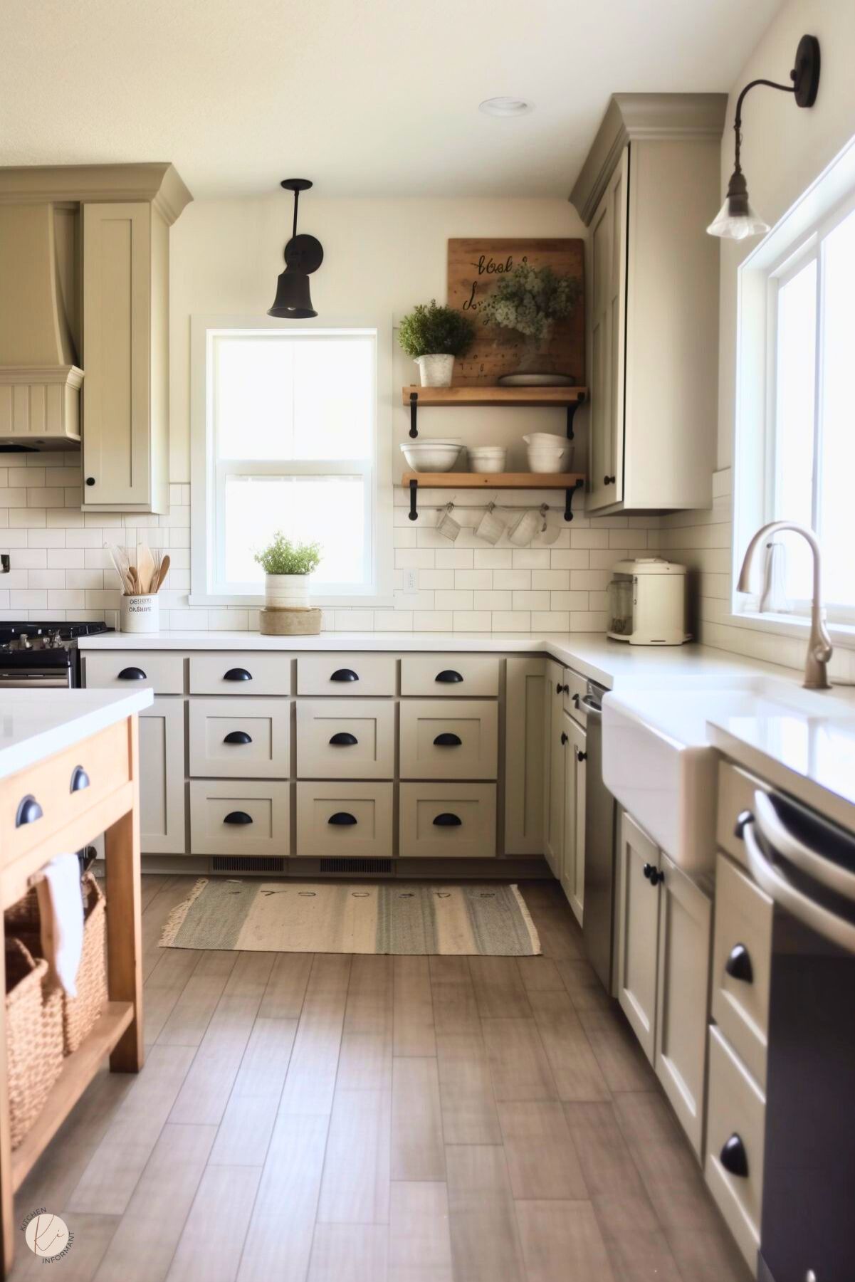 A farmhouse-style kitchen with light beige cabinets, black cup-pull hardware, and a white subway tile backsplash. Open wooden shelves with black brackets display dishes and decor, while a farmhouse sink and white countertops enhance the clean, classic look. A light wood island with woven baskets adds warmth, and black pendant lights provide contrast. The space is finished with neutral-toned flooring and a simple striped rug.