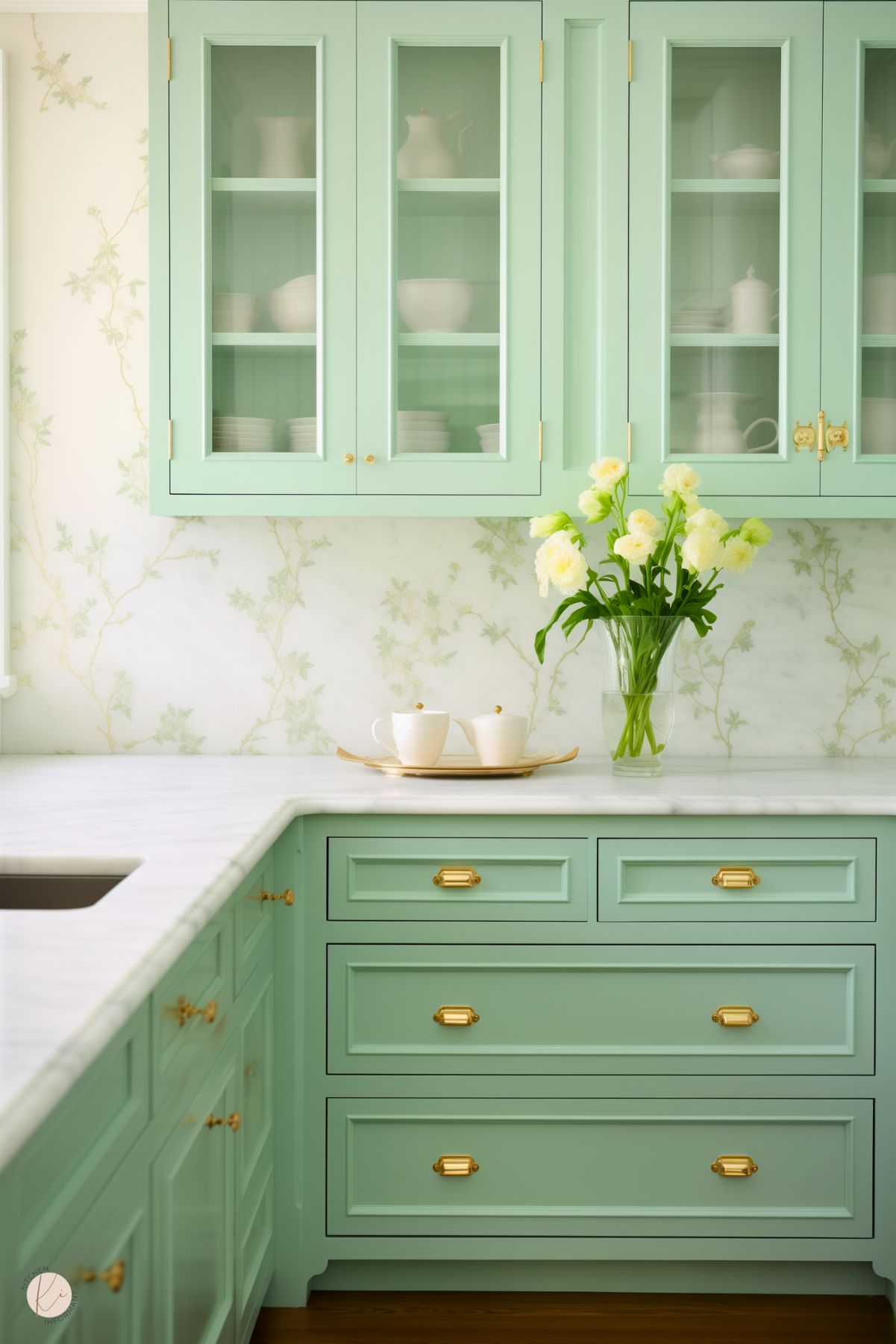 A fresh preppy kitchen featuring mint green cabinetry with glass fronts, gold hardware, and a marble countertop. The soft floral wallpaper adds a delicate touch, complemented by a vase of cream-colored flowers.