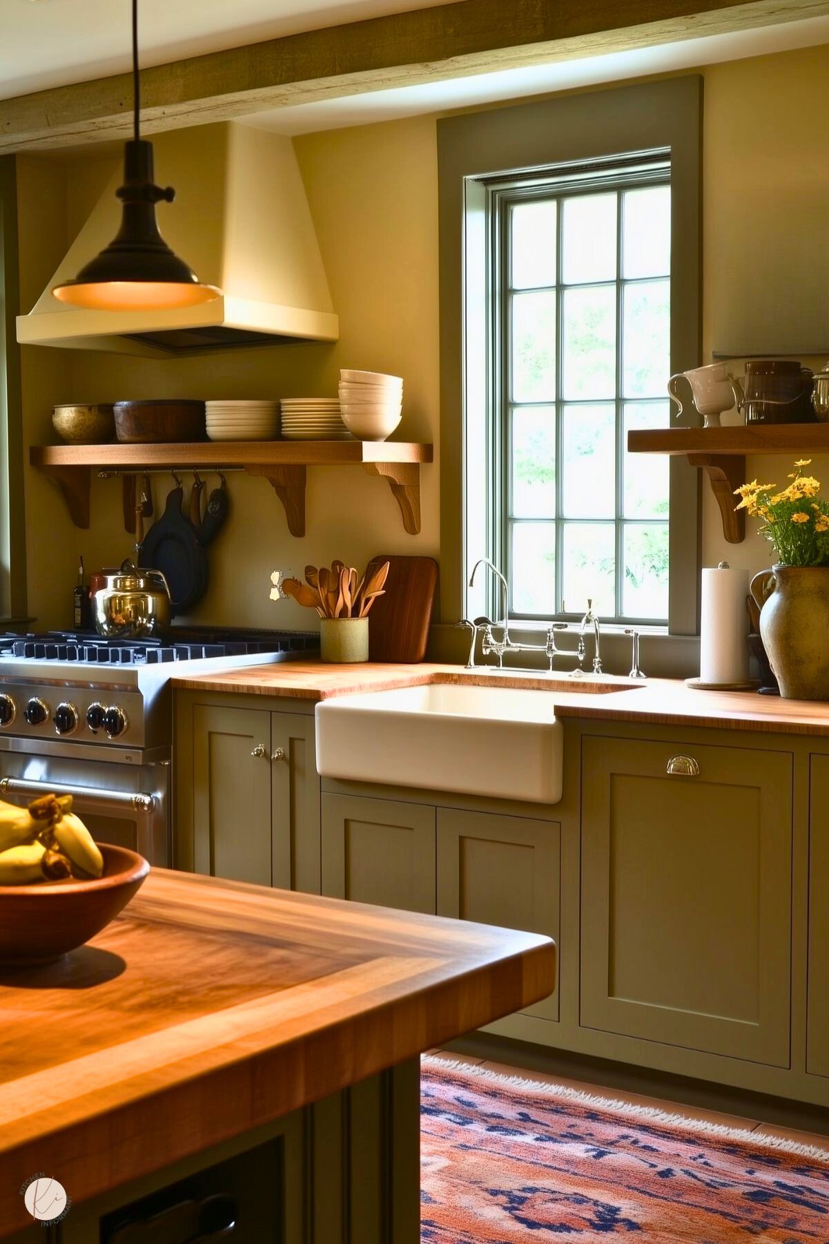 A charming farmhouse kitchen with sage green cabinetry and warm wooden countertops. The space features a farmhouse sink beneath a tall window framed by open wooden shelves displaying bowls and decor. A gas stove with a sleek range hood anchors one side, while a butcher block island in the foreground holds a fruit bowl. A rustic pendant light hangs above, and a colorful patterned rug adds a cozy touch to the wooden floors.