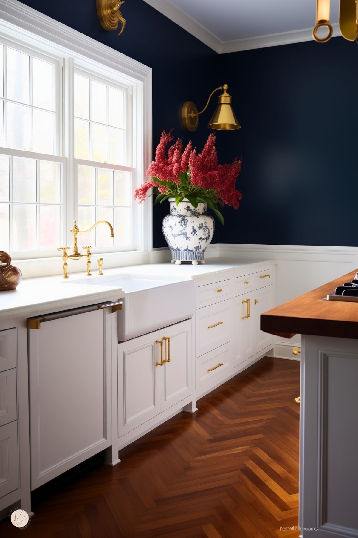 A bold preppy kitchen with navy walls, white cabinetry, and gold hardware. The farmhouse sink and brass faucet are complemented by rich wood herringbone flooring and a floral vase for a striking yet sophisticated look.