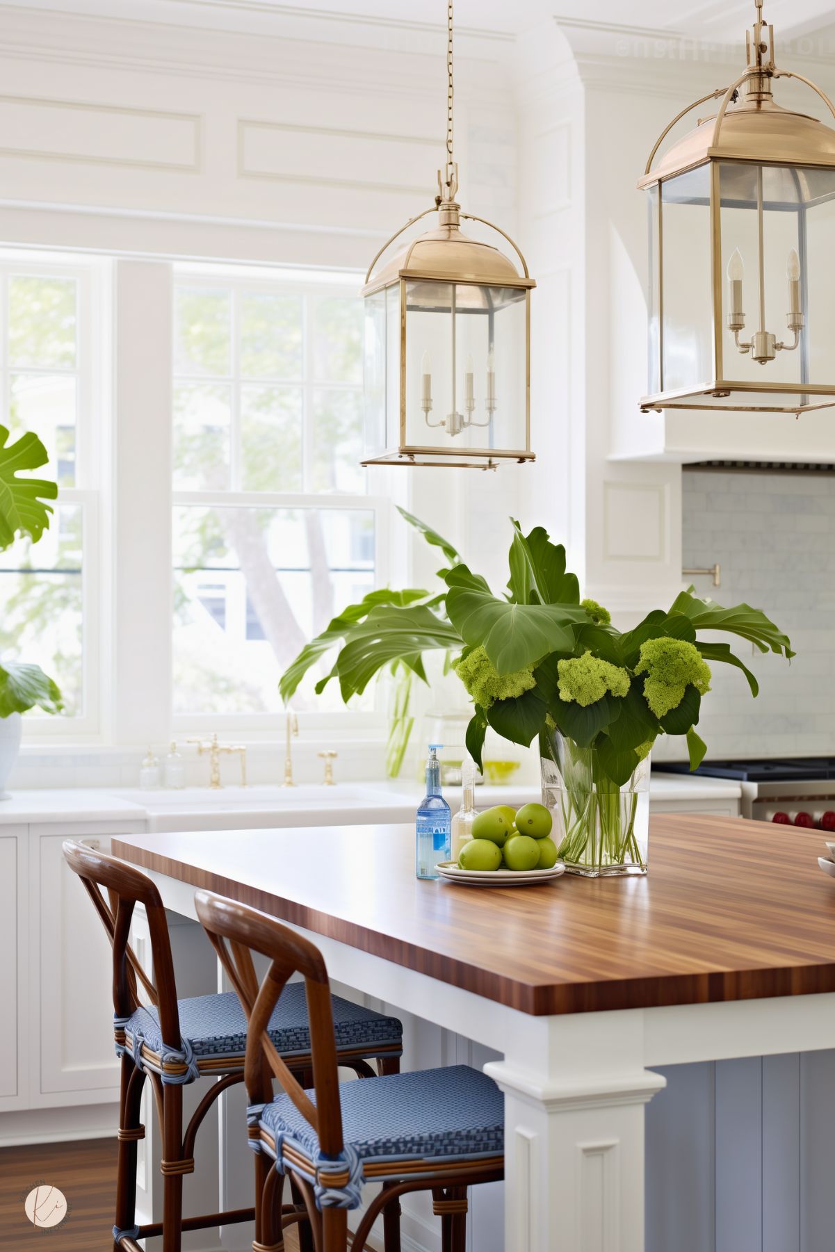 A refreshing preppy kitchen with white cabinetry, a rich wood countertop, and elegant lantern-style pendant lights. The space is adorned with vibrant greenery, a bowl of green apples, and rattan barstools with blue upholstered seats for a lively and inviting touch.