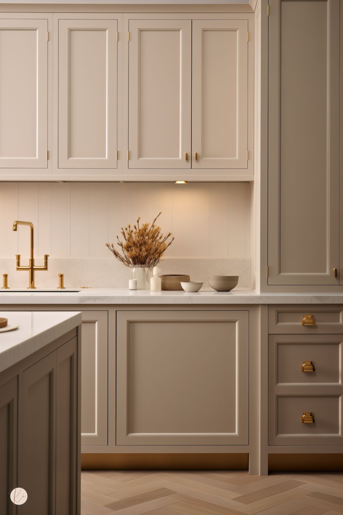 A neutral-toned preppy kitchen with taupe cabinetry, gold hardware, and a matching faucet. The space features a marble backsplash and countertops, warm wood flooring, and elegant lighting for a soft, inviting atmosphere.