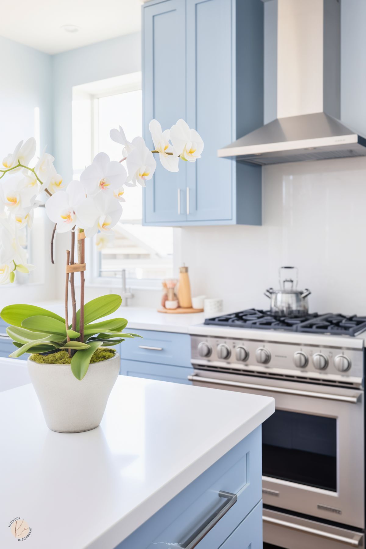 A bright preppy kitchen with soft blue cabinetry, stainless steel appliances, and a sleek white countertop. The space is adorned with a vibrant potted orchid, adding a touch of elegance and freshness to the clean, minimalist design.