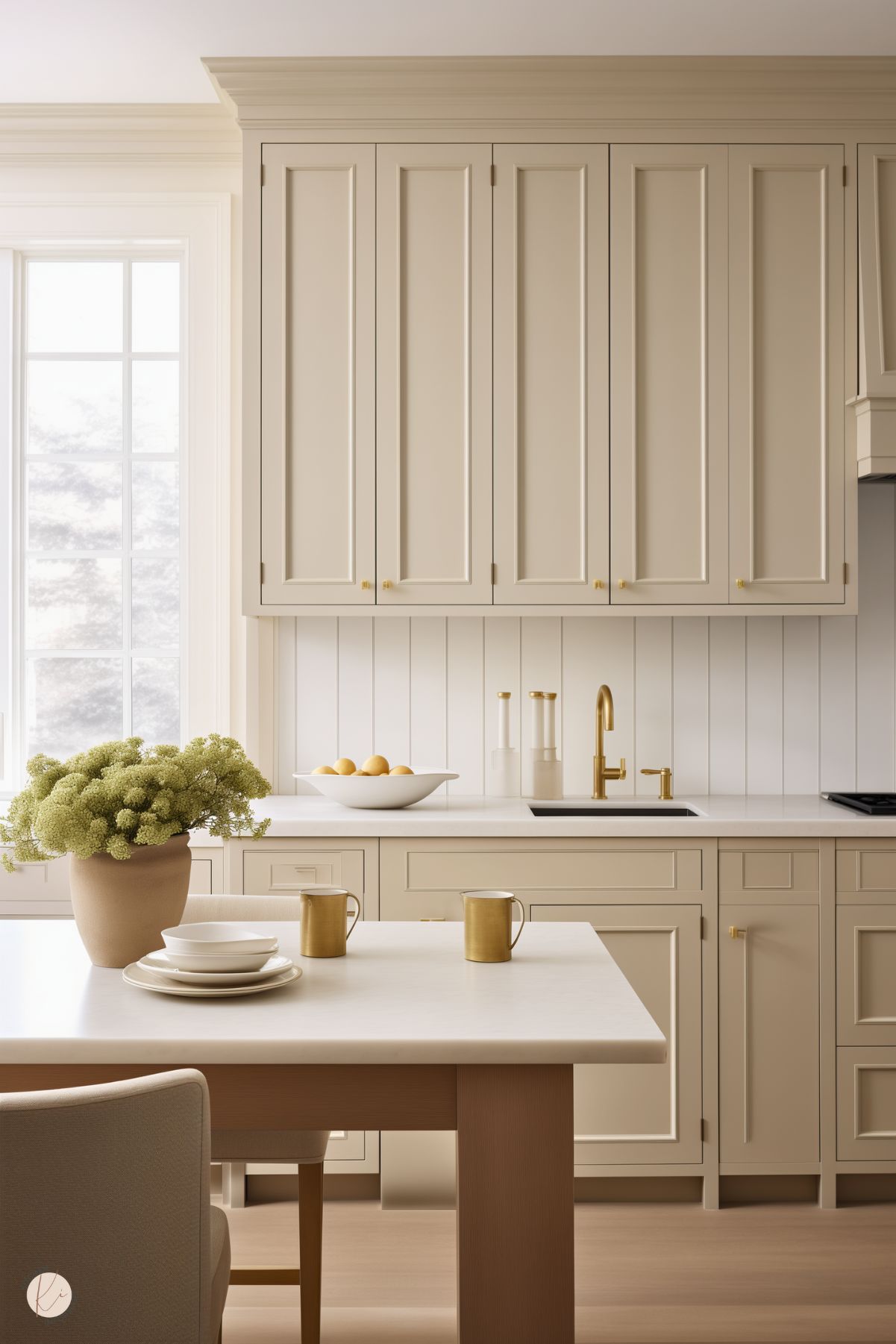 A soft-toned preppy kitchen with beige cabinetry, gold hardware, and a white shiplap backsplash. The space is complemented by a sleek marble countertop, minimalistic decor, and warm natural lighting for a serene and inviting atmosphere.