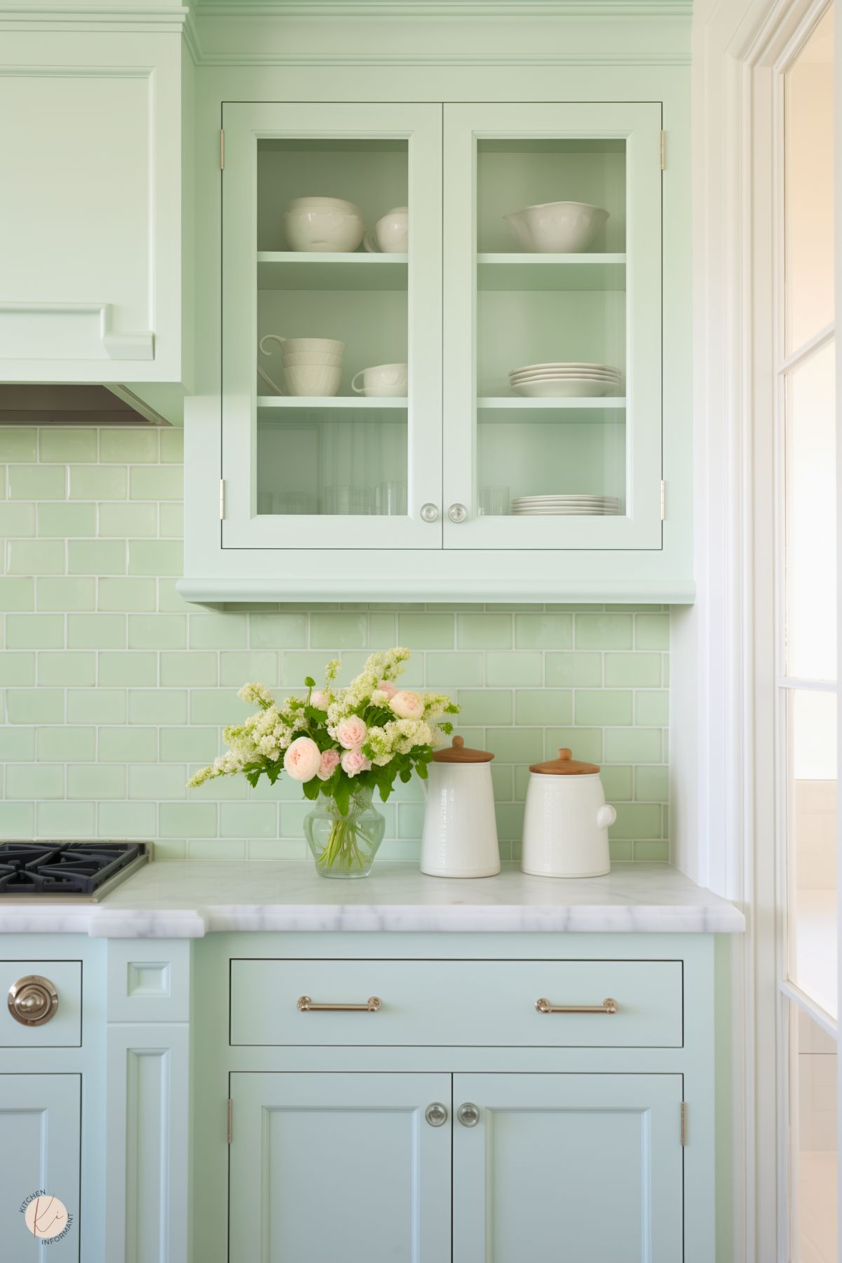 A delightful preppy kitchen with mint green cabinetry, a matching subway tile backsplash, and marble countertops. Glass-front cabinets display neatly arranged dishes, while soft floral arrangements and ceramic jars add a touch of charm and personality.