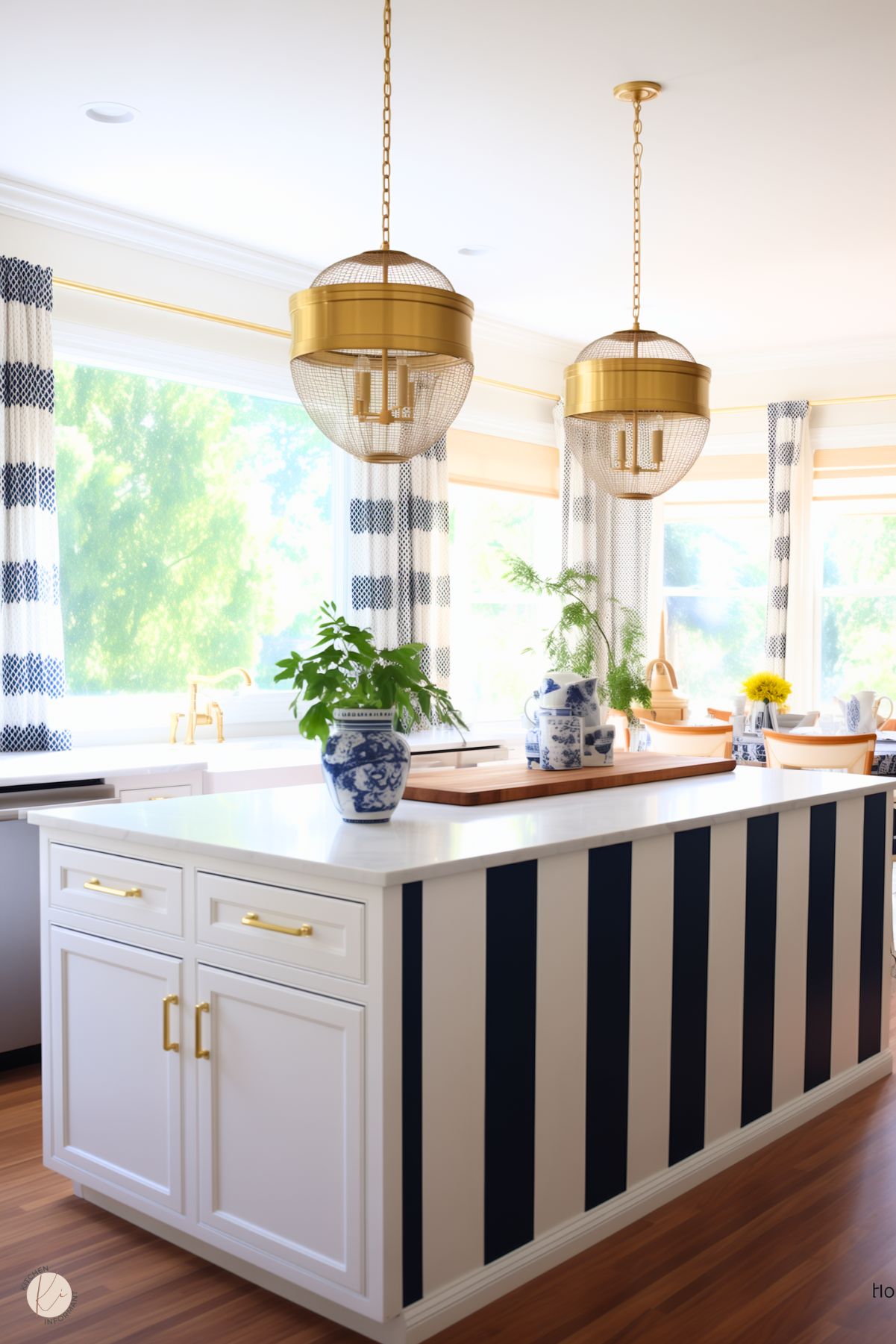 A preppy kitchen featuring a white island with bold navy stripes, gold hardware, globe-shaped gold pendant lights, and navy and white striped curtains. Accents include blue and white ceramic decor and lush greenery.