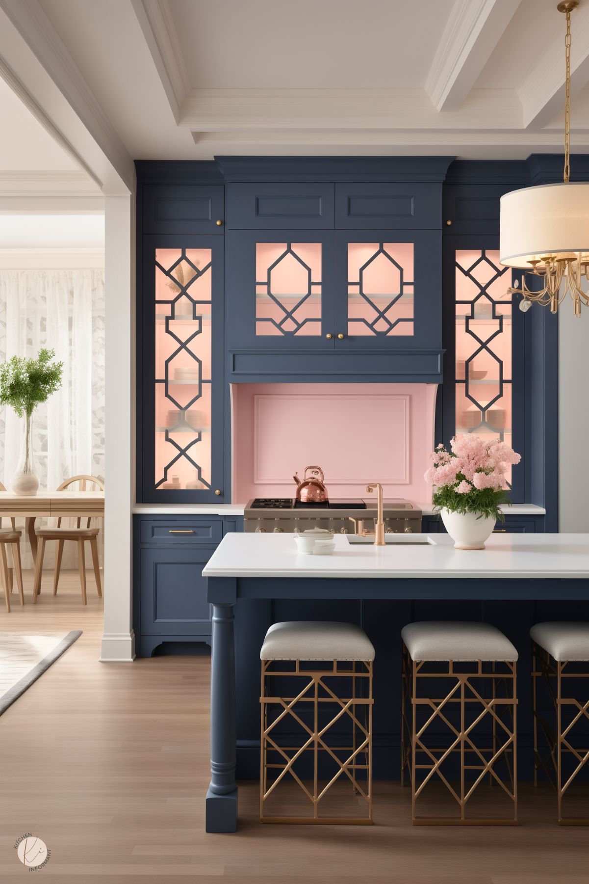 A sophisticated preppy kitchen with navy cabinetry, intricate glass paneling, and soft pink accents. The white marble countertop and gold barstools add elegance, while the warm lighting creates a cozy yet refined atmosphere.