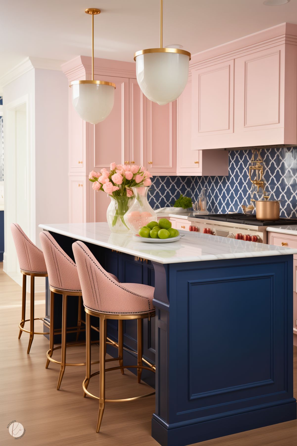 A vibrant preppy kitchen featuring blush pink cabinetry, a navy island with a marble countertop, and gold accents throughout. The space includes a navy and white patterned backsplash, upholstered pink barstools, and soft floral decor for a chic and playful aesthetic.