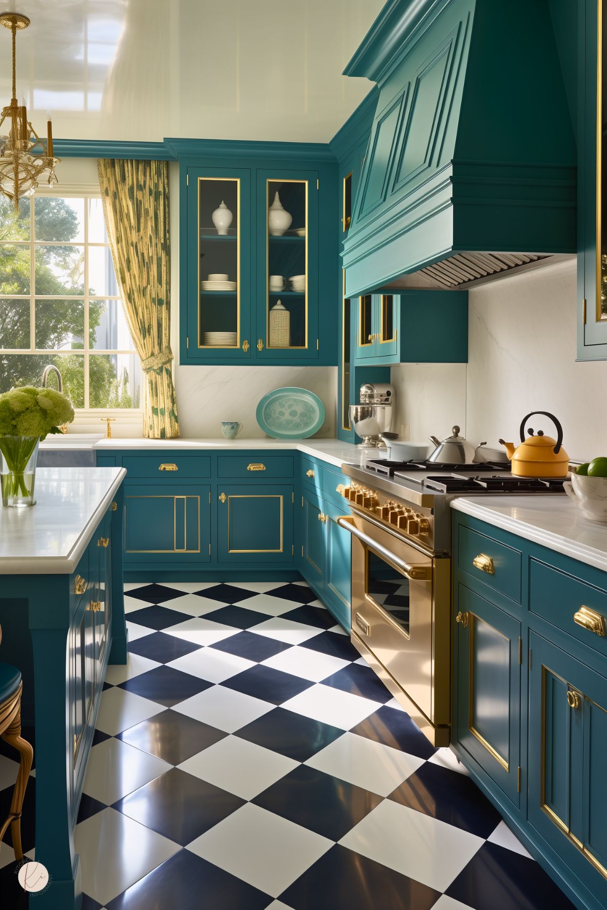 A bold preppy kitchen with teal cabinetry, gold accents, and glass-front doors. The checkerboard floor adds a classic touch, while the marble countertops and patterned drapes complete the vibrant, elegant look.