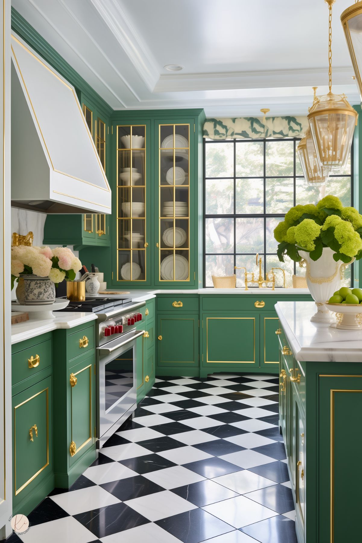 An elegant preppy kitchen featuring green cabinetry with gold trim, a white range hood, and marble countertops. The black and white checkerboard flooring enhances the classic aesthetic, while large windows and floral accents bring in natural light and charm.