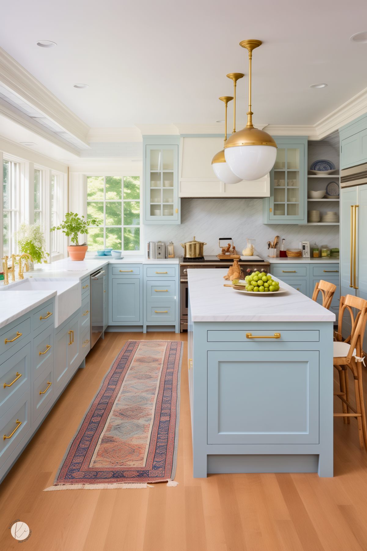 A charming preppy kitchen with light blue cabinetry, gold hardware, and marble countertops. Globe pendant lights, natural wood flooring, and a colorful runner add warmth and personality, complemented by large windows that fill the space with natural light.