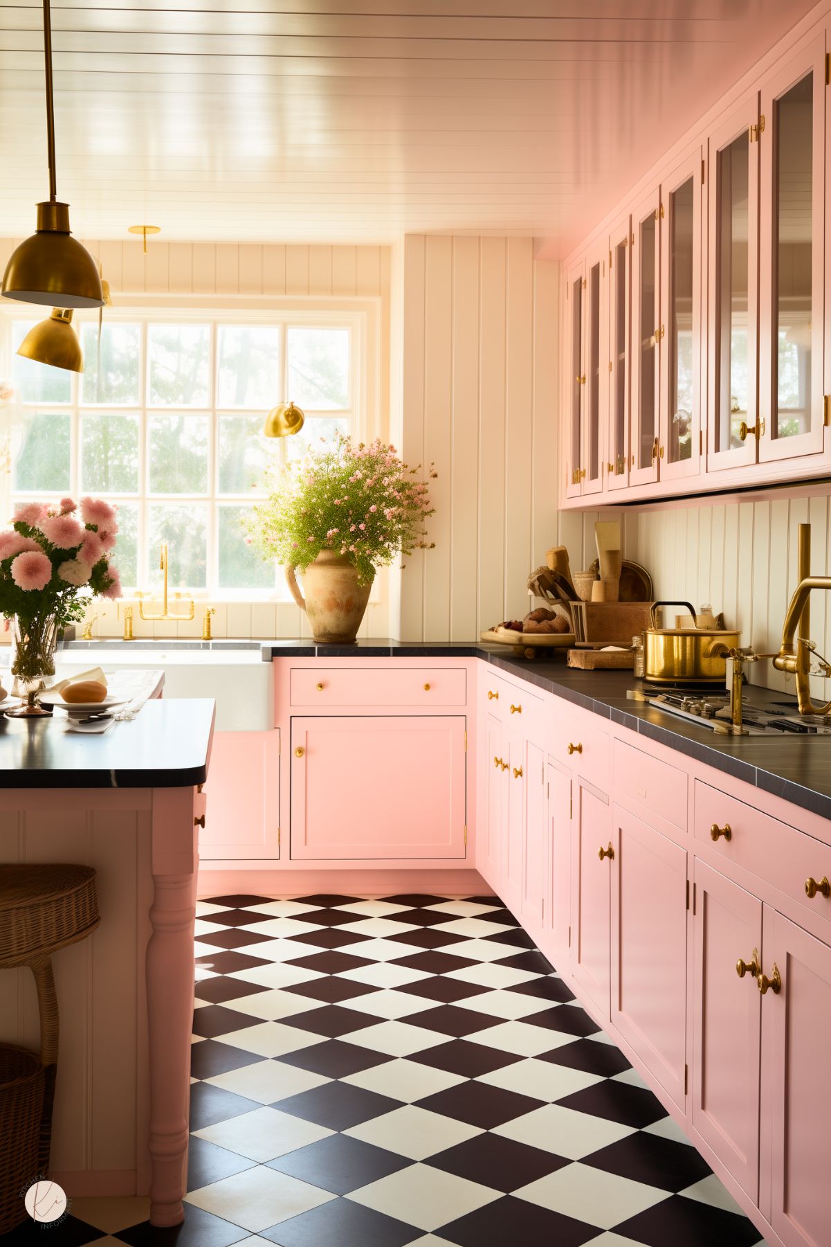 A charming preppy kitchen with pastel pink cabinetry, gold hardware, black countertops, checkerboard flooring, and warm brass accents. The space is softened by natural light and floral decor.