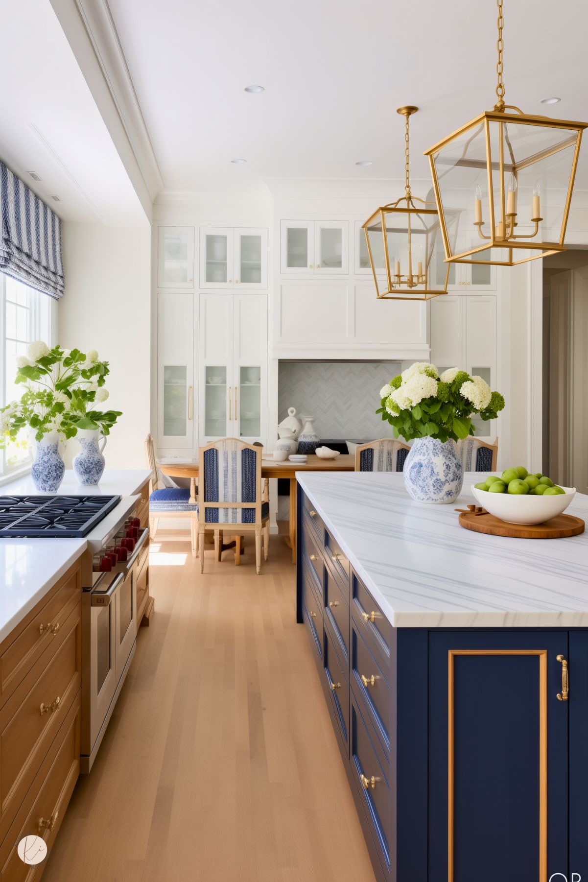 A bright and airy preppy kitchen featuring navy and gold cabinetry, marble countertops, and glass lantern pendant lights. The space includes a built-in dining nook with striped upholstered chairs, blue and white ceramic decor, and fresh floral arrangements for a polished and inviting look.