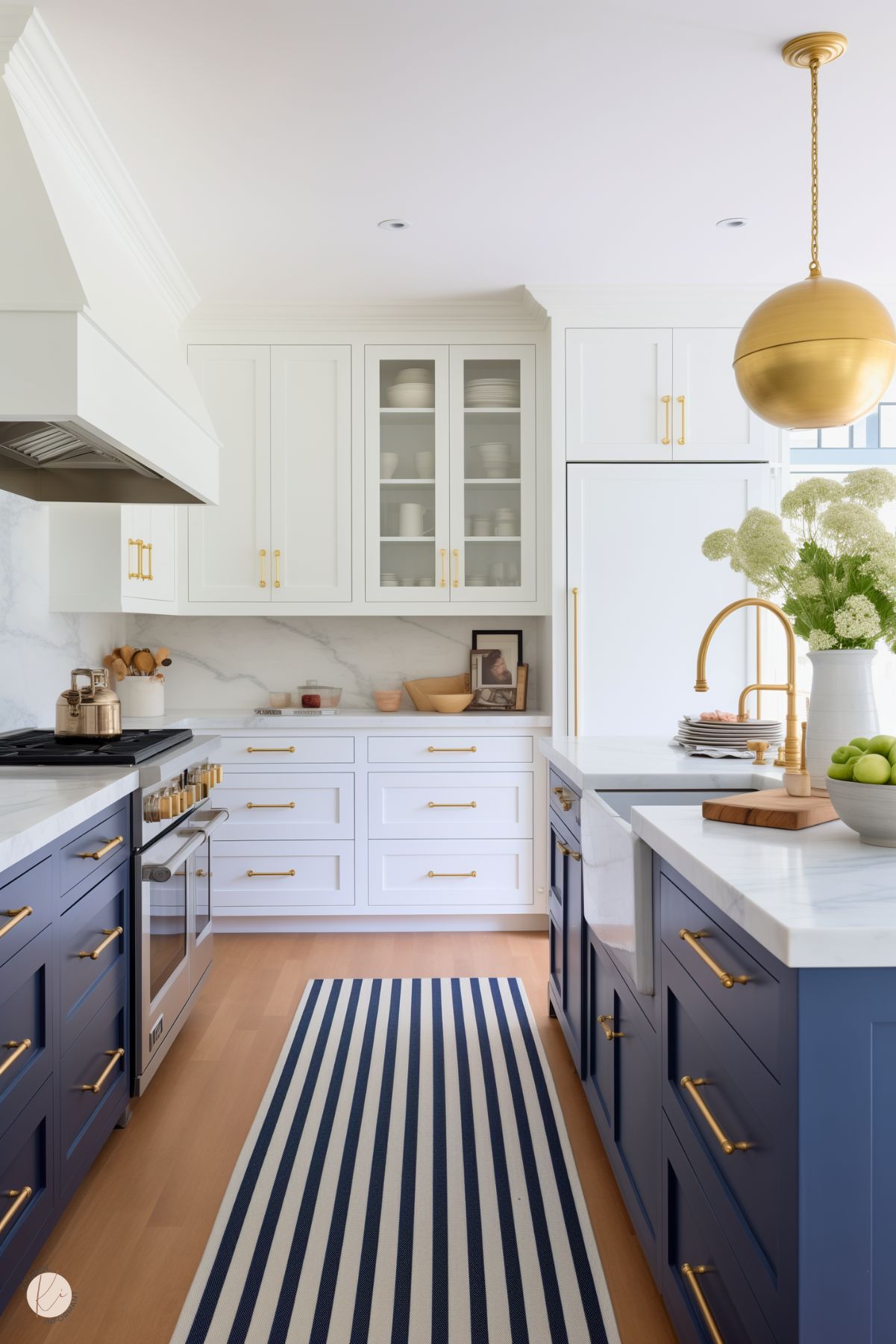 A bright preppy kitchen with white and navy cabinetry, gold hardware, and a marble backsplash. The striped navy and white runner adds a nautical touch, while a globe pendant light and fresh floral arrangements complete the clean and polished design.