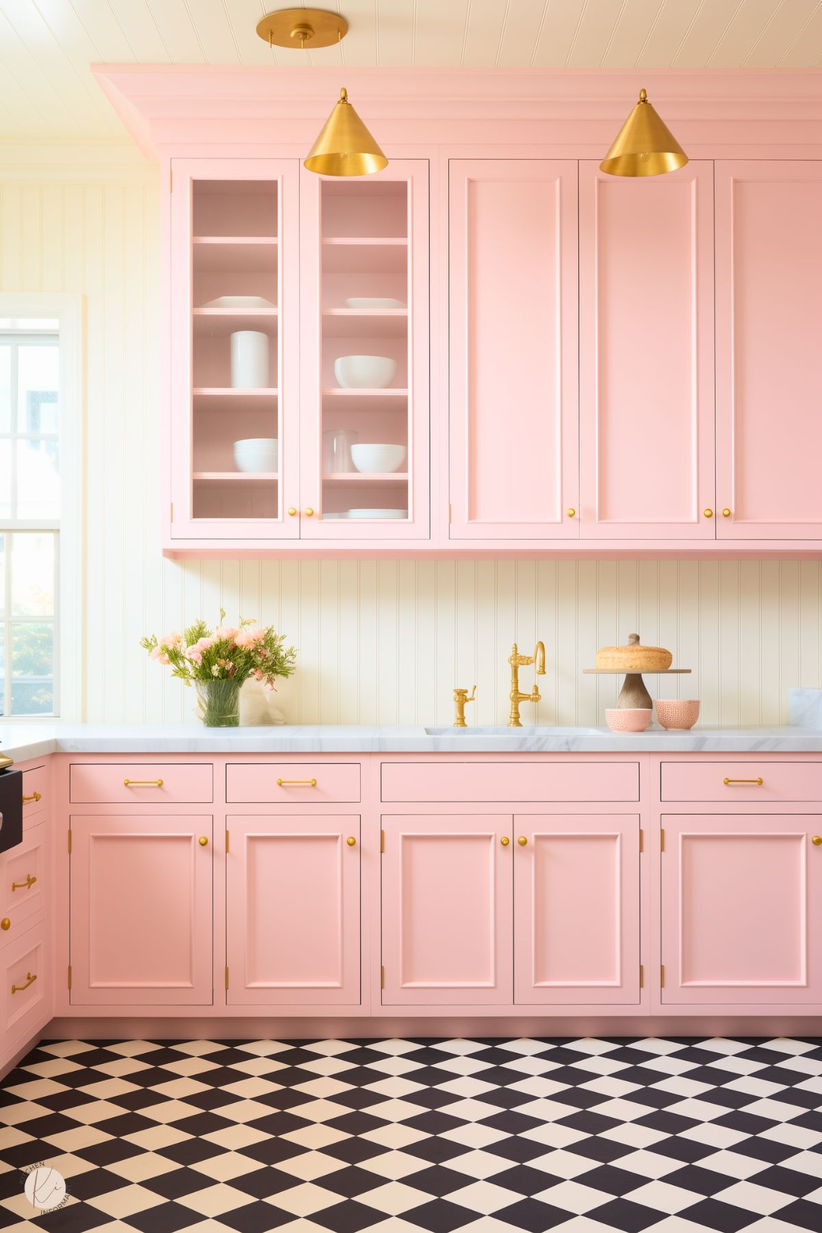 A whimsical preppy kitchen with pastel pink cabinetry, gold hardware, and checkerboard flooring. The marble countertop and brass faucet add elegance, while soft lighting and floral accents bring warmth and charm to the space.