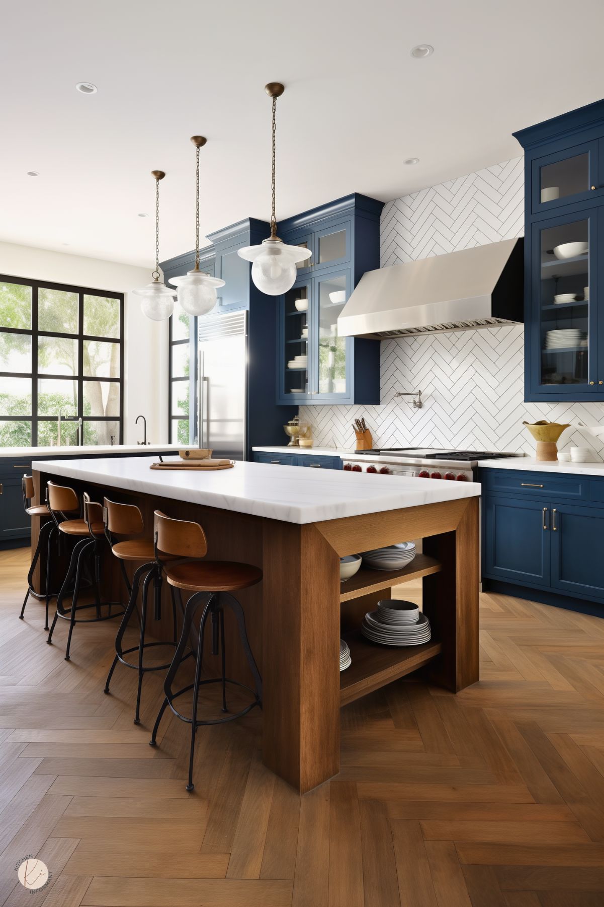 A modern rustic kitchen with navy blue cabinets, a large wooden island with a white countertop, and herringbone wood flooring. The island features open shelving with neatly stacked dishware and is paired with industrial-style barstools with wooden seats and black metal legs. A white herringbone tile backsplash contrasts with the deep blue cabinetry, while three glass pendant lights with brass chains hang above. Large black-framed windows bring in natural light.